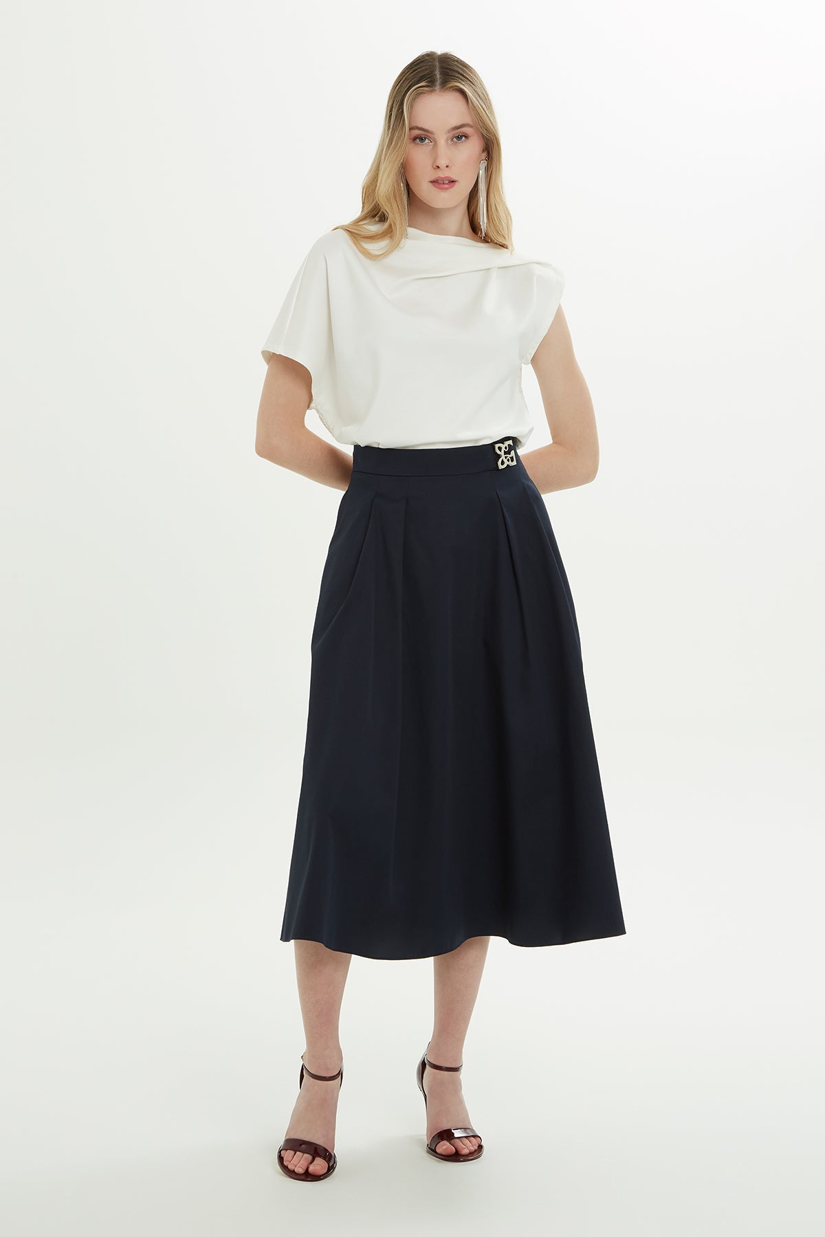 Navy Buckle-Detail Cotton Midi Skirt