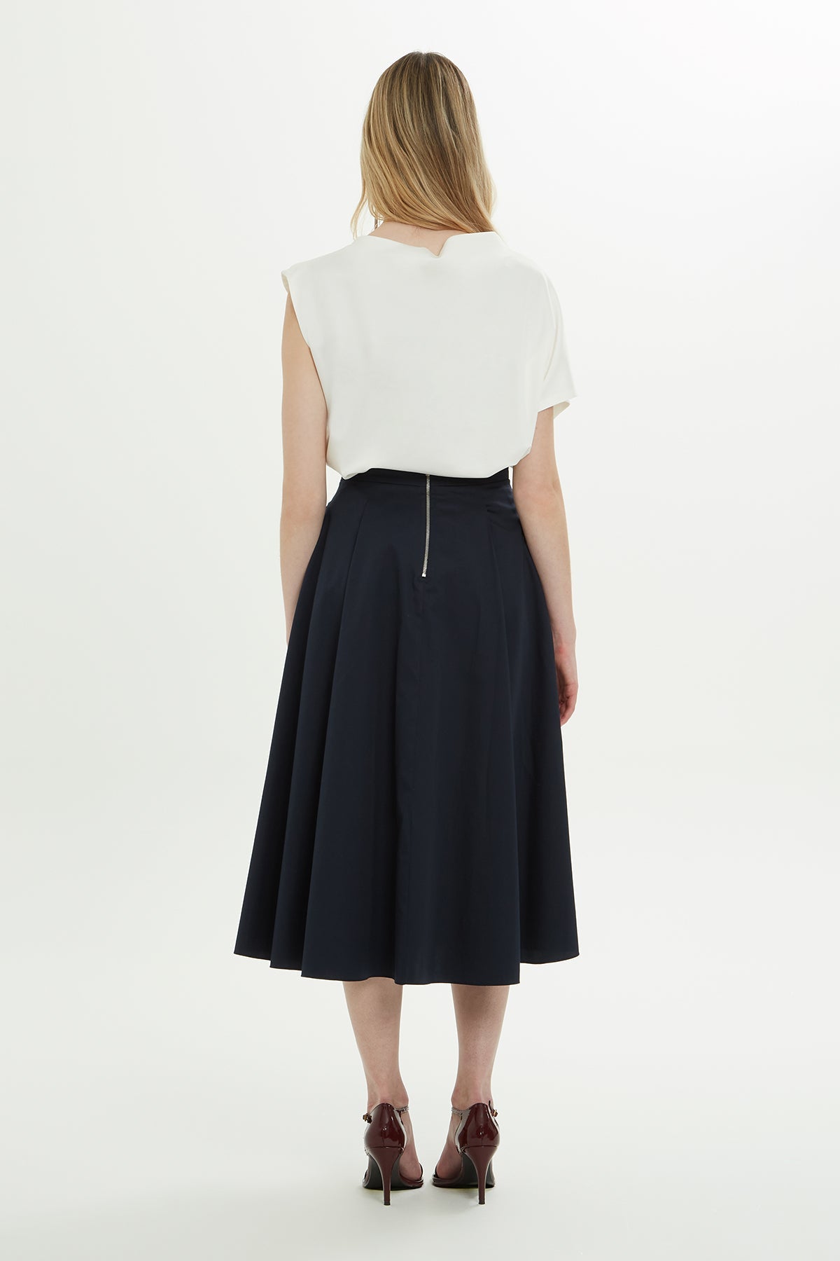 Navy Buckle-Detail Cotton Midi Skirt