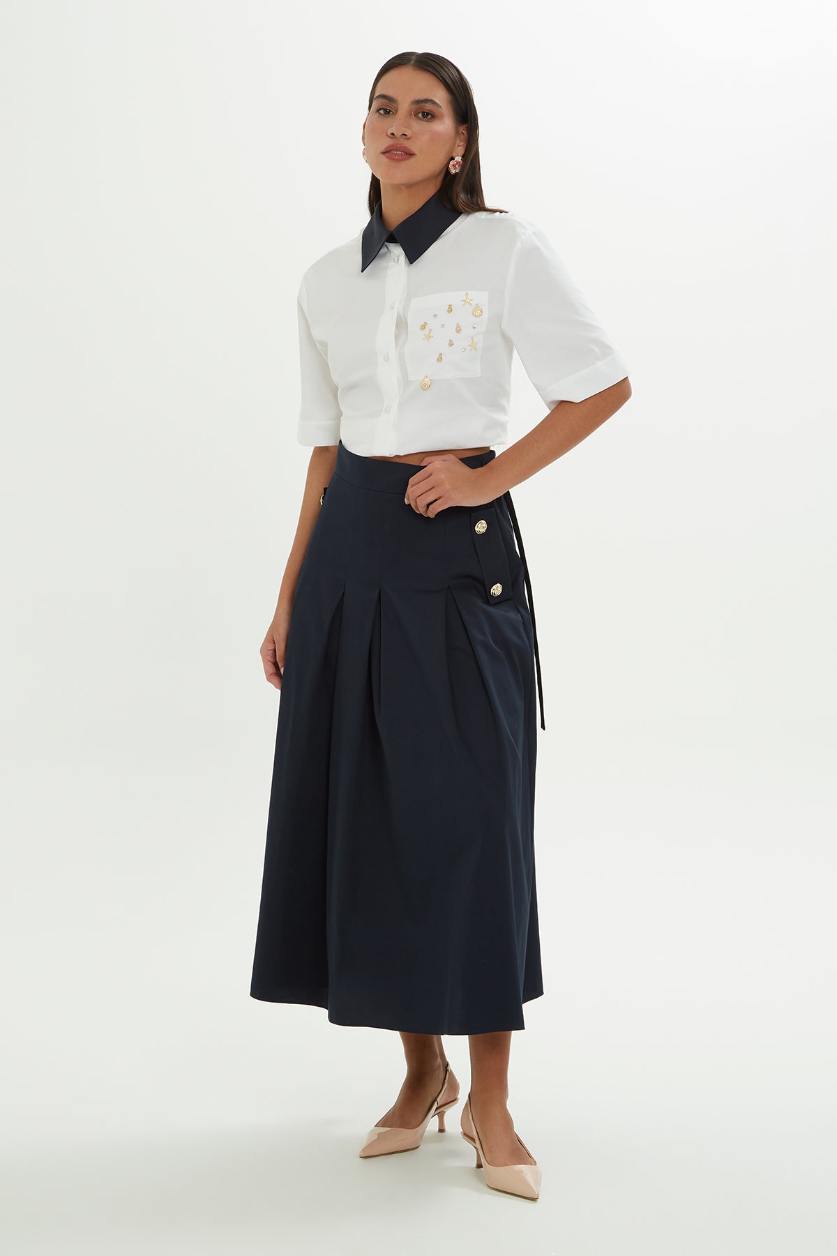 Navy Sash-Detail Midi Skirt