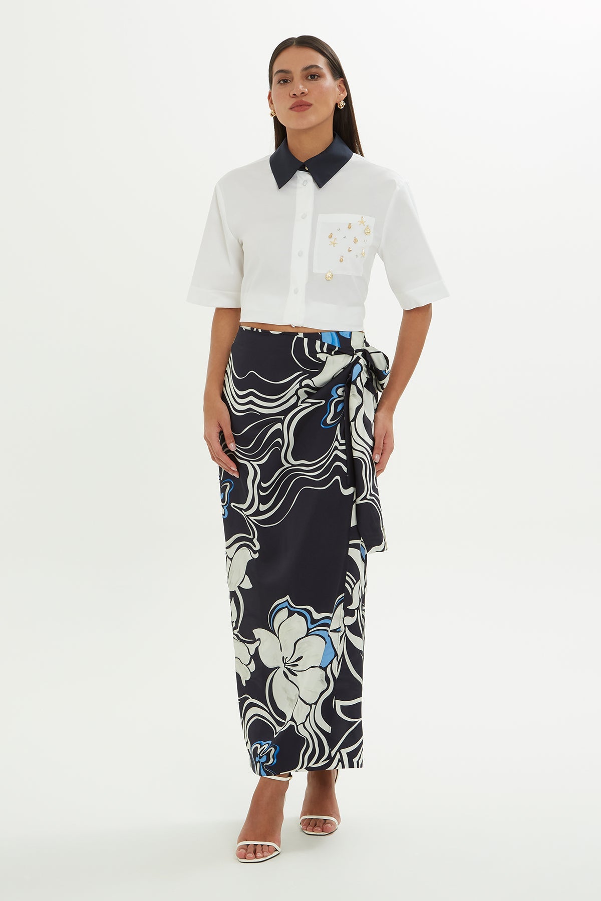 Navy Patterned Midi Skirt