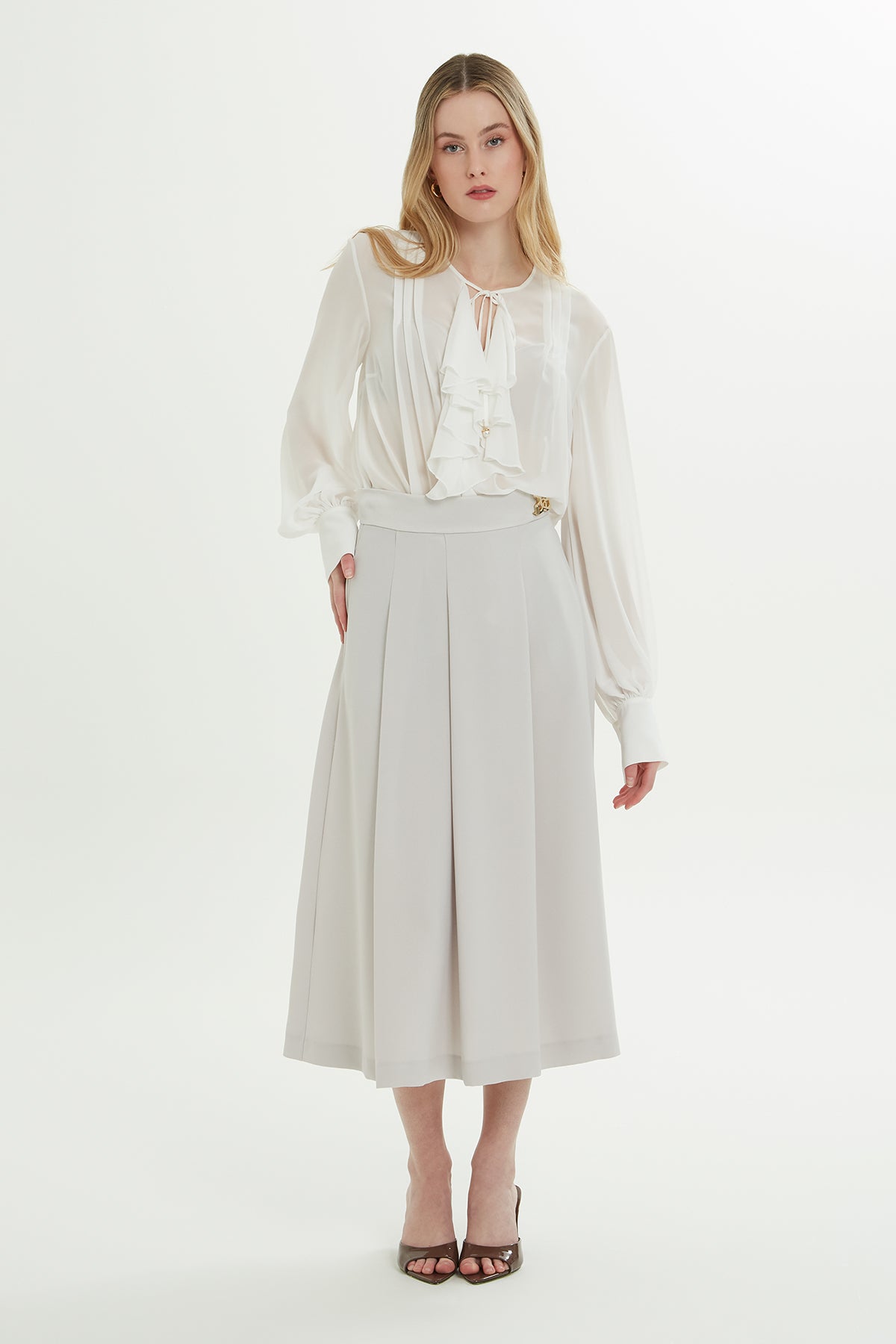 Grey Pleated Midi Skirt