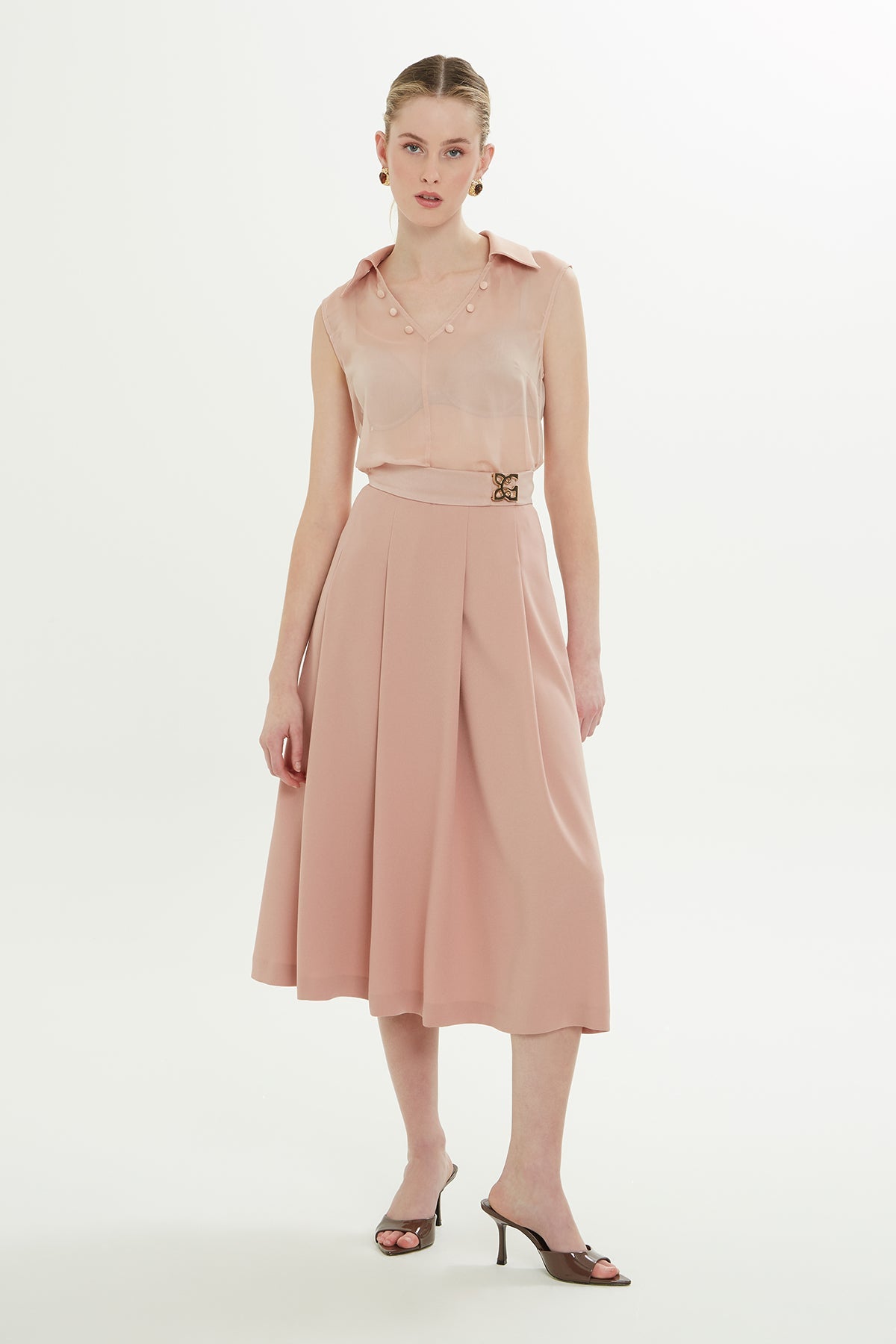 Orange Pleated Midi Skirt