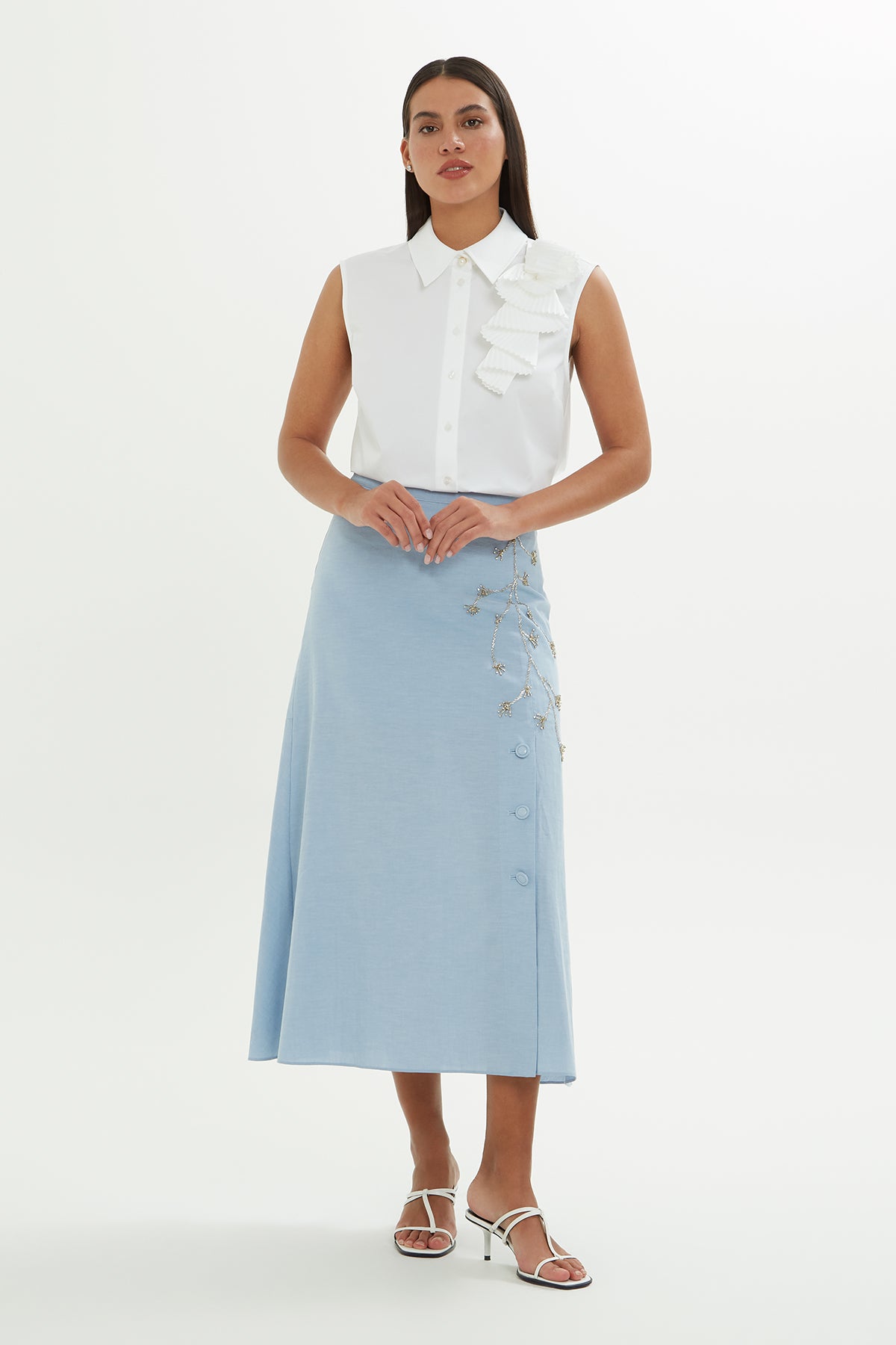 Blue Embroidered Midi Denim Skirt