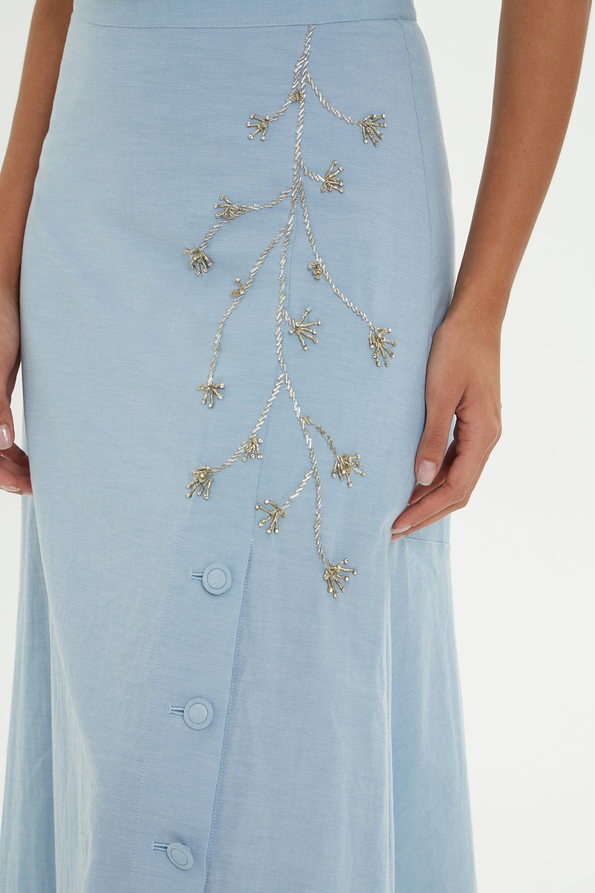 Blue Embroidered Midi Denim Skirt