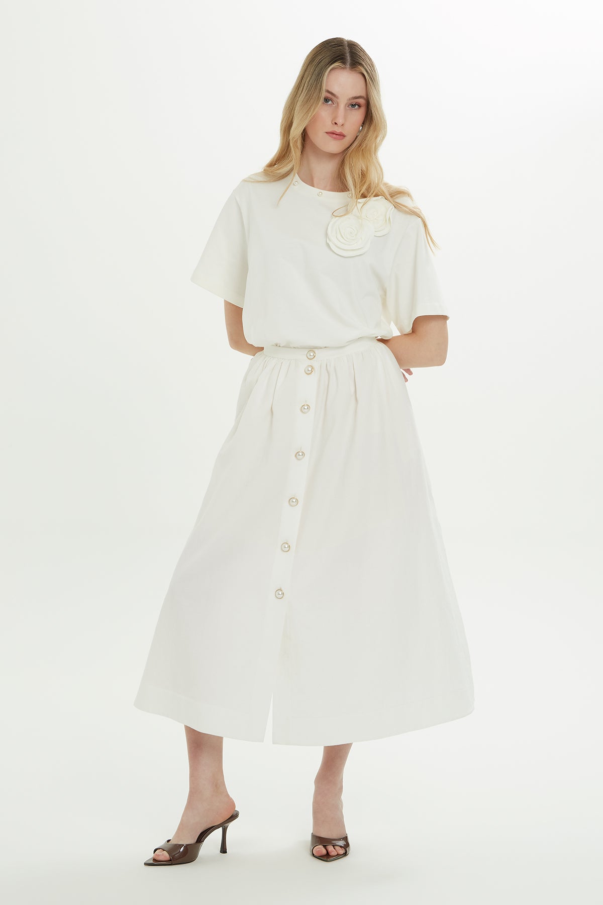 Ecru Side-Slit Midi Skirt