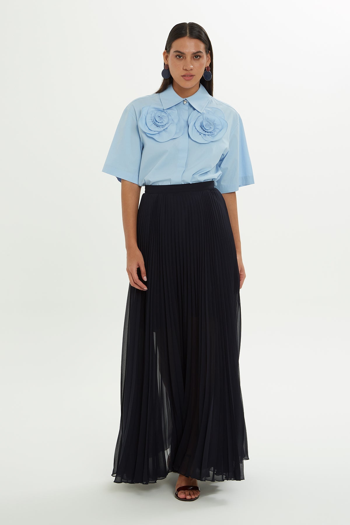 Blue Pleated Maxi Skirt