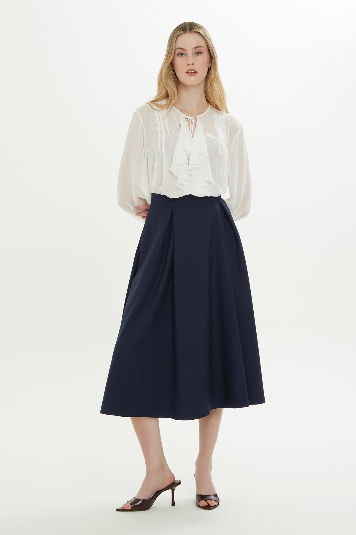 Navy Flared Midi Skirt