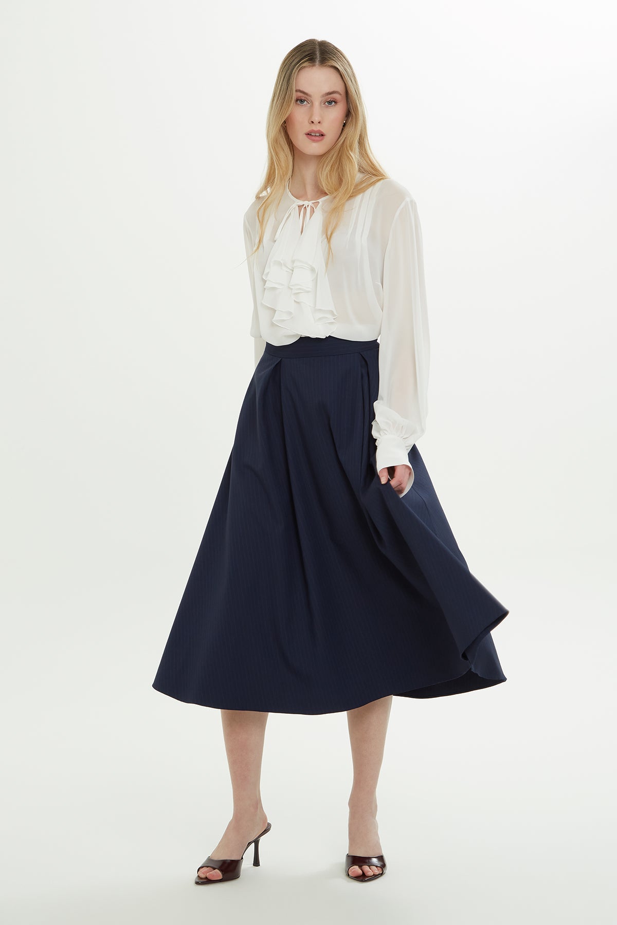 Navy Flared Midi Skirt
