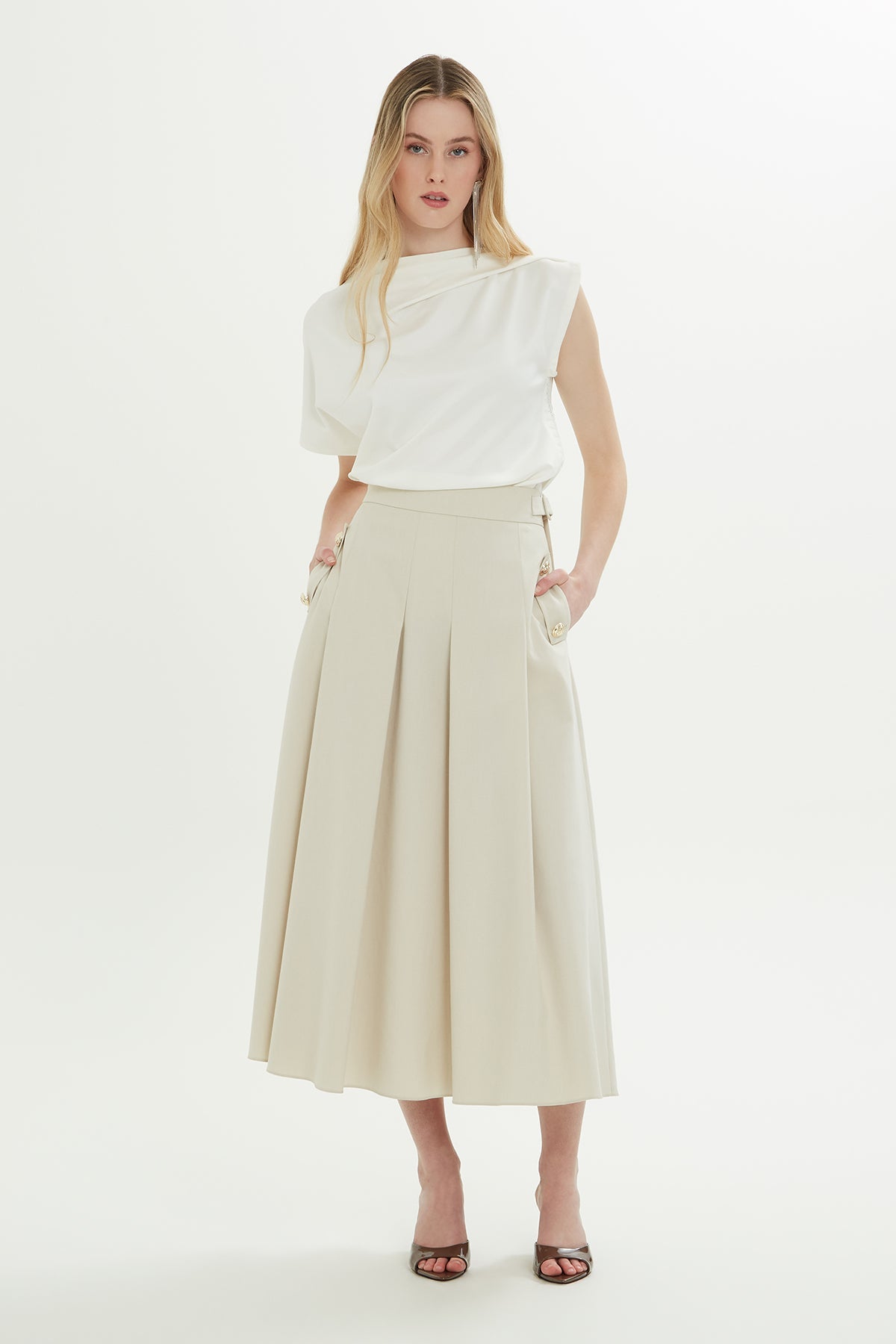 Ecru Sash-Detail Midi Skirt