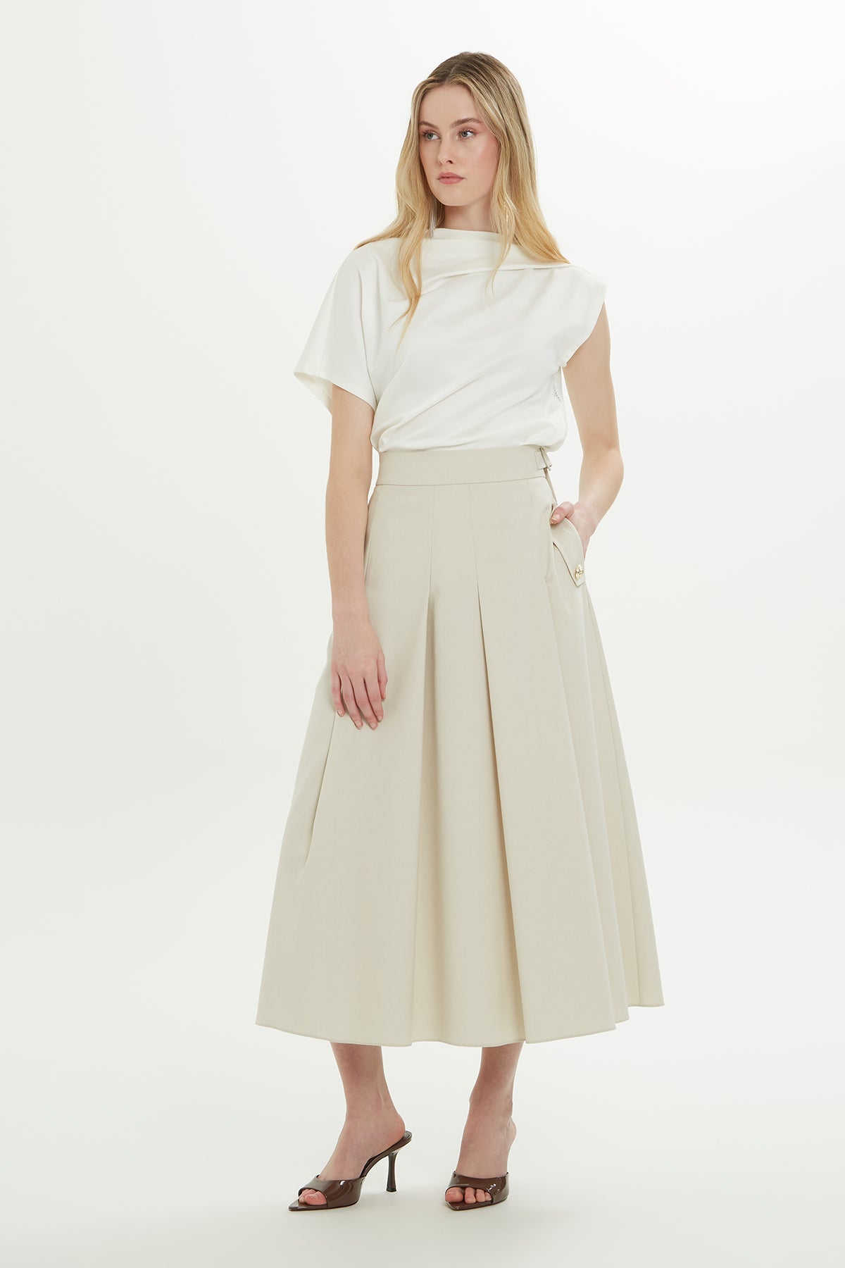 Ecru Sash-Detail Midi Skirt