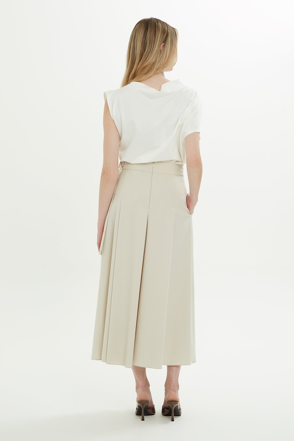Ecru Sash-Detail Midi Skirt