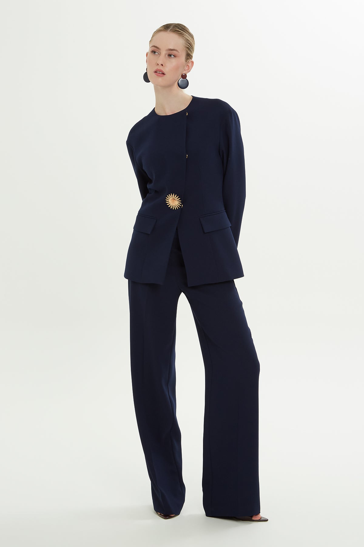 Blue Double-Breasted Brooch Jacket