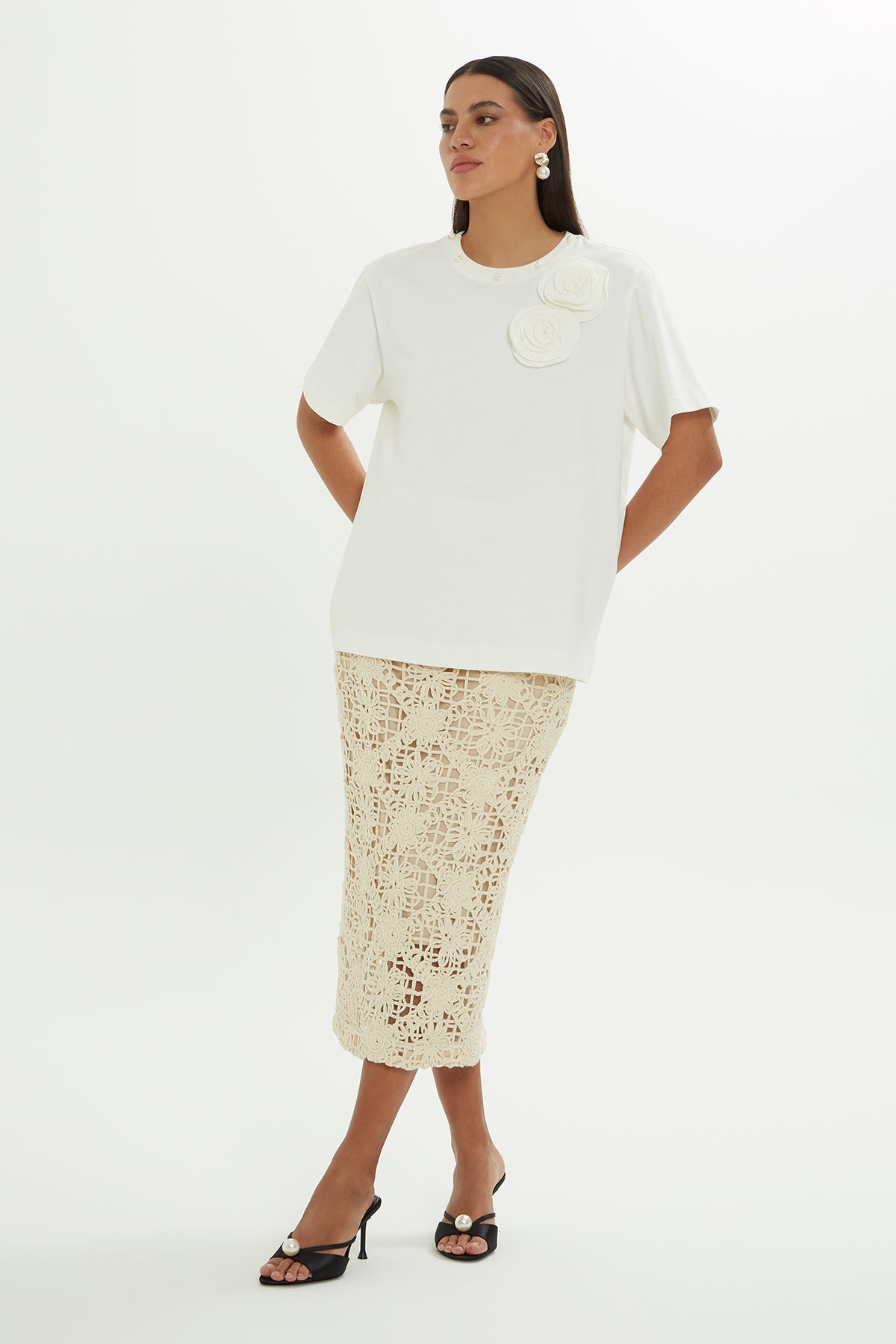 Ecru Floral-Detailed T-Shirt