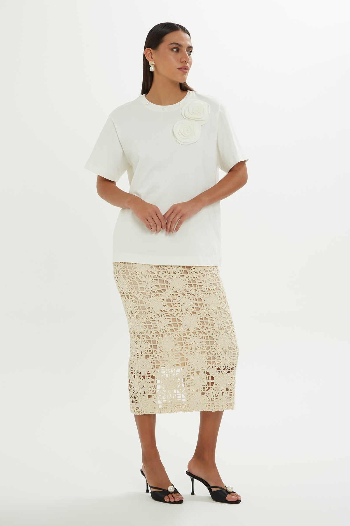 Ecru Floral-Detailed T-Shirt