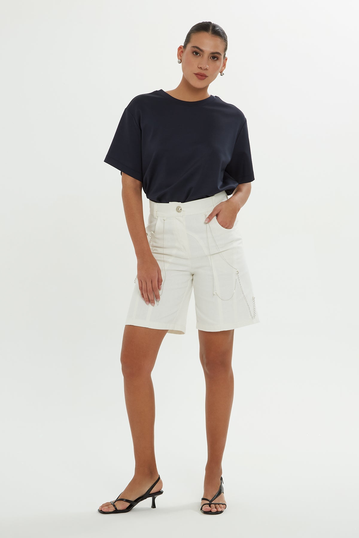 Ecru Chain-Detail Shorts