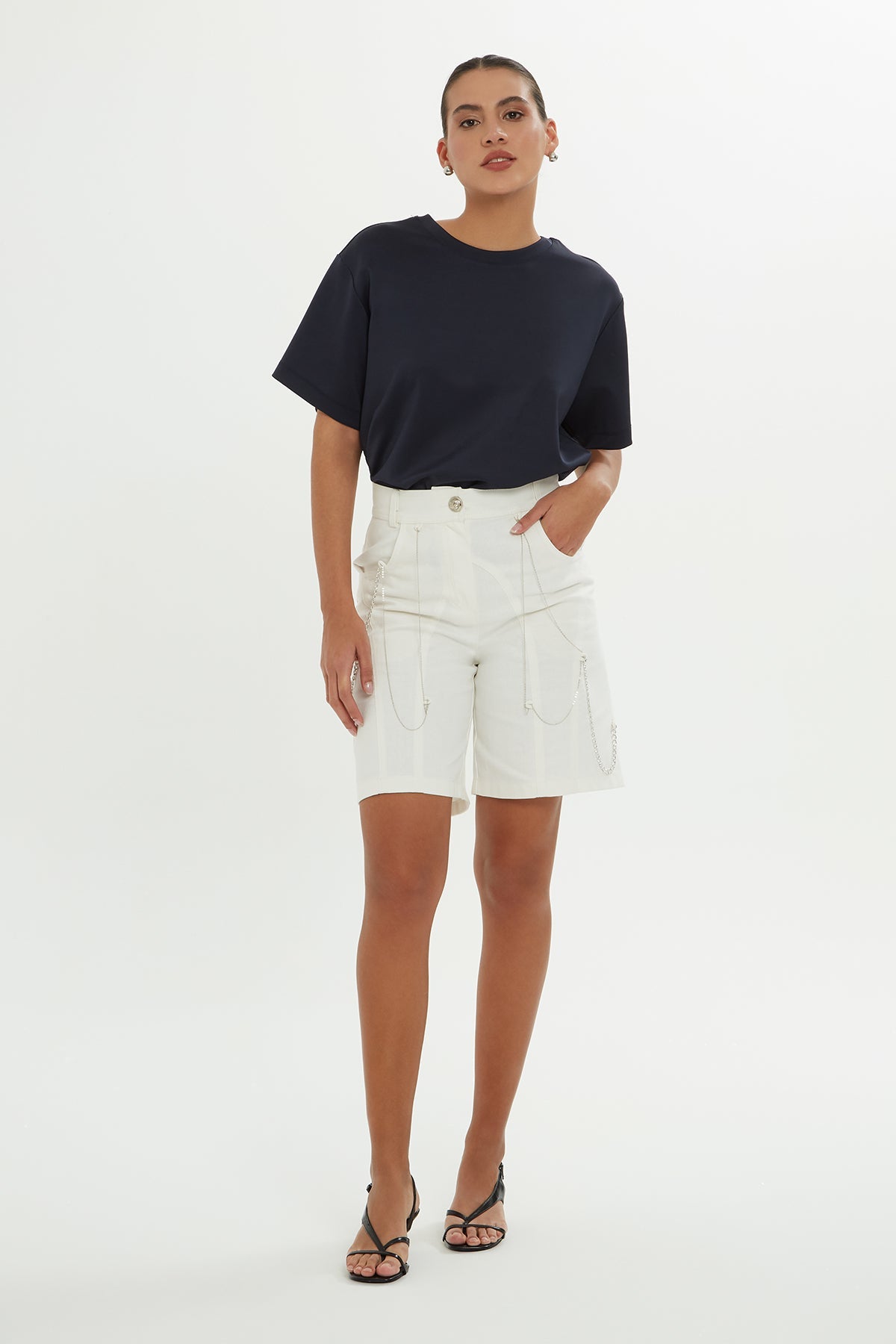 Ecru Chain-Detail Shorts