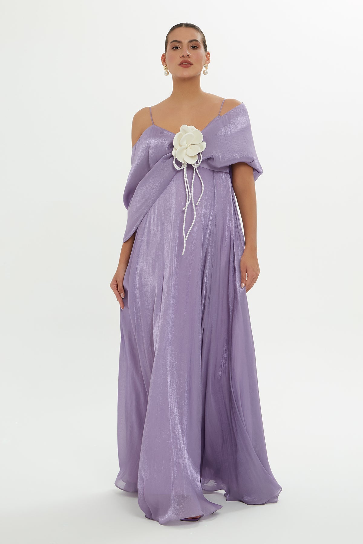 Purple Draped-Shoulder Maxi Dress