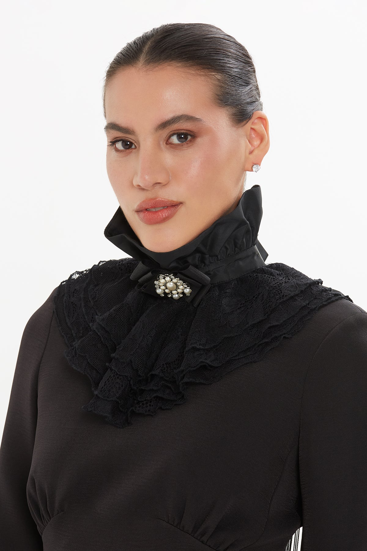 Black Brooch Detail Collar Top