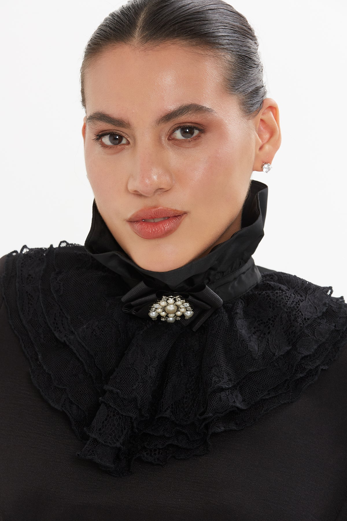 Black Brooch Detail Collar Top