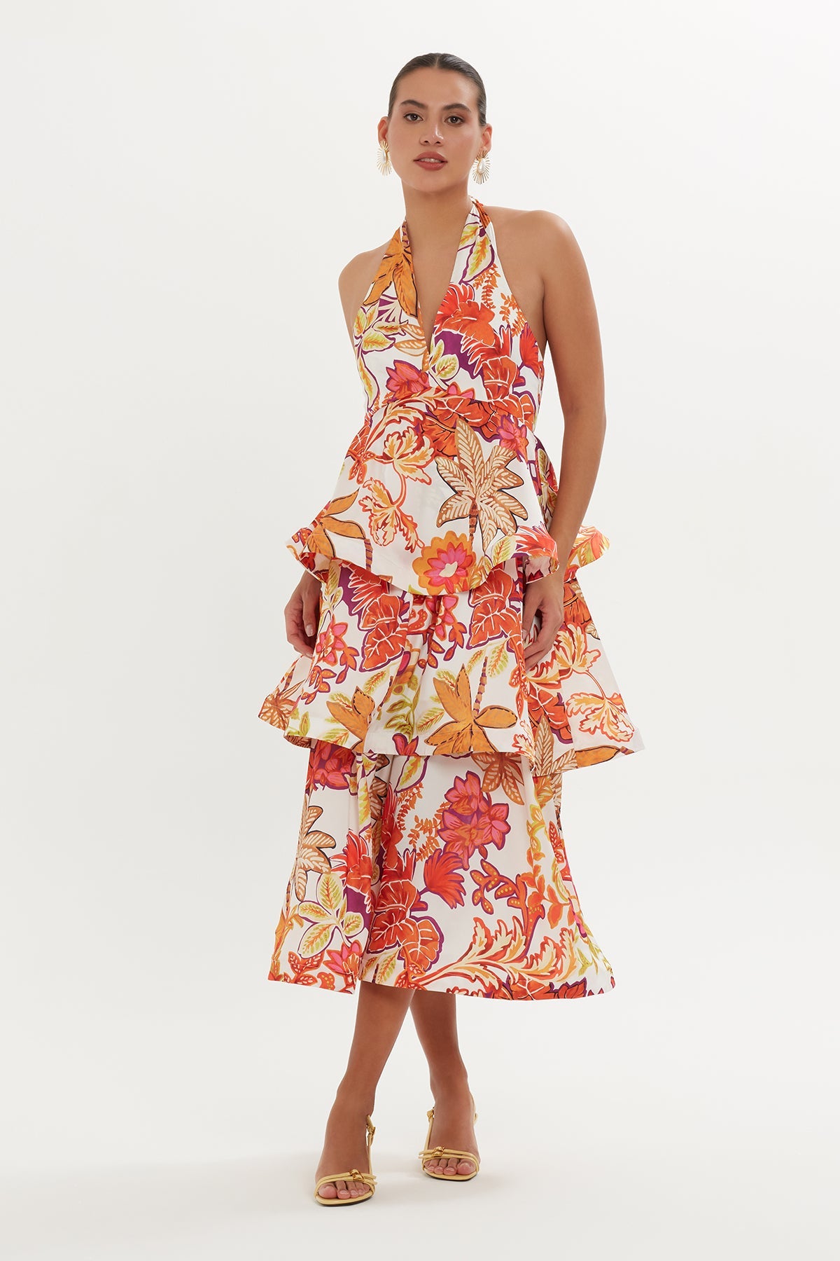 ruffle layered midi dress Printed Smocked dress