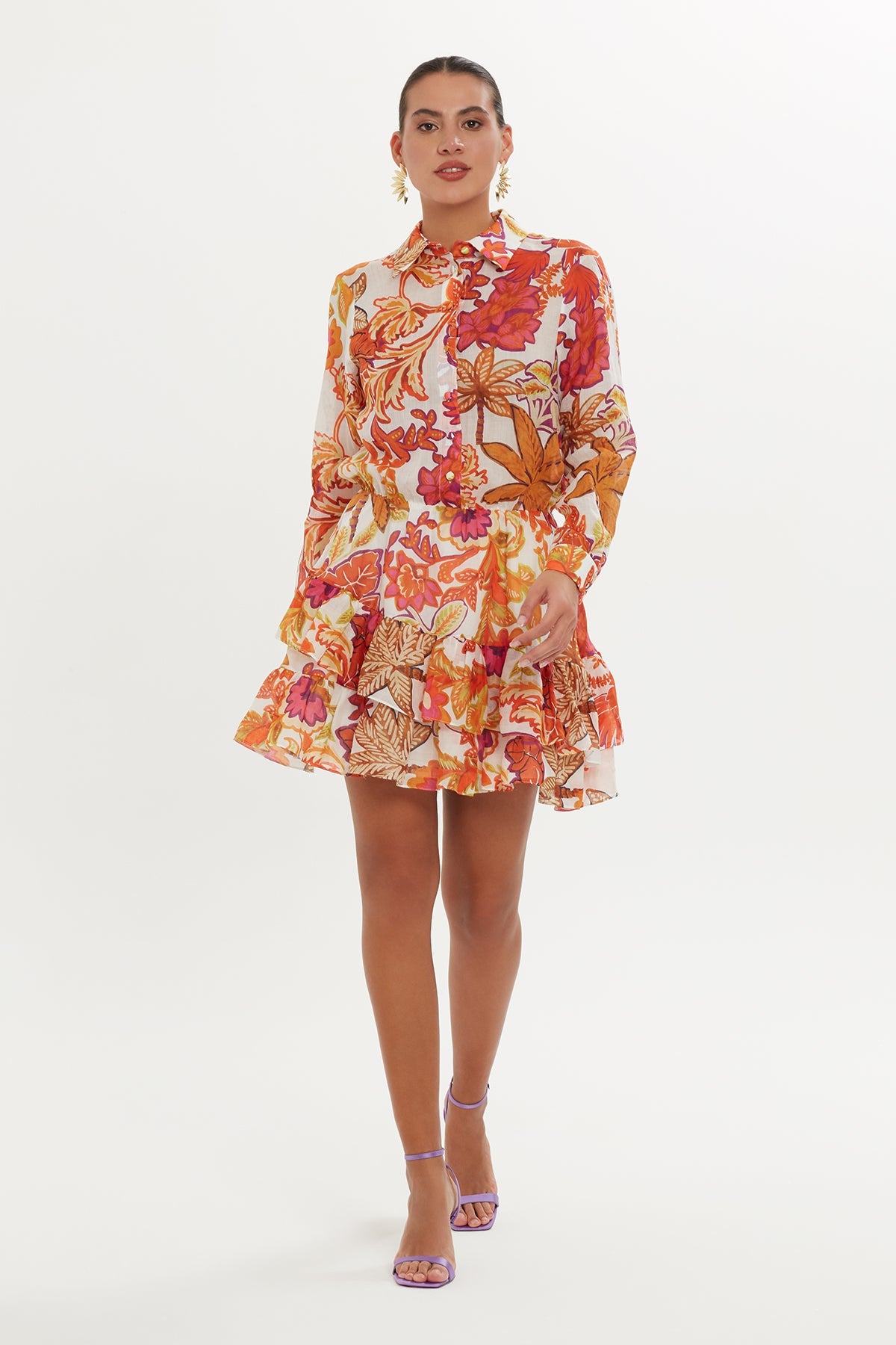 Printed Shirt Dress with Ruffled Hem