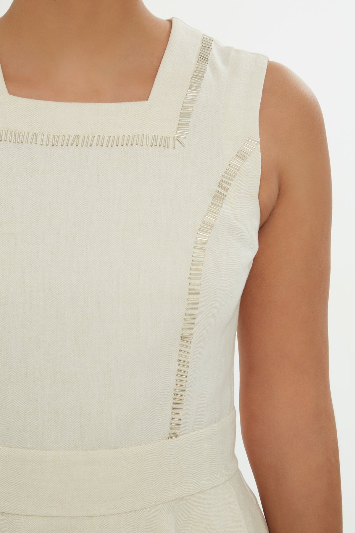 Beige Square-Neck Embroidered Mini Dress