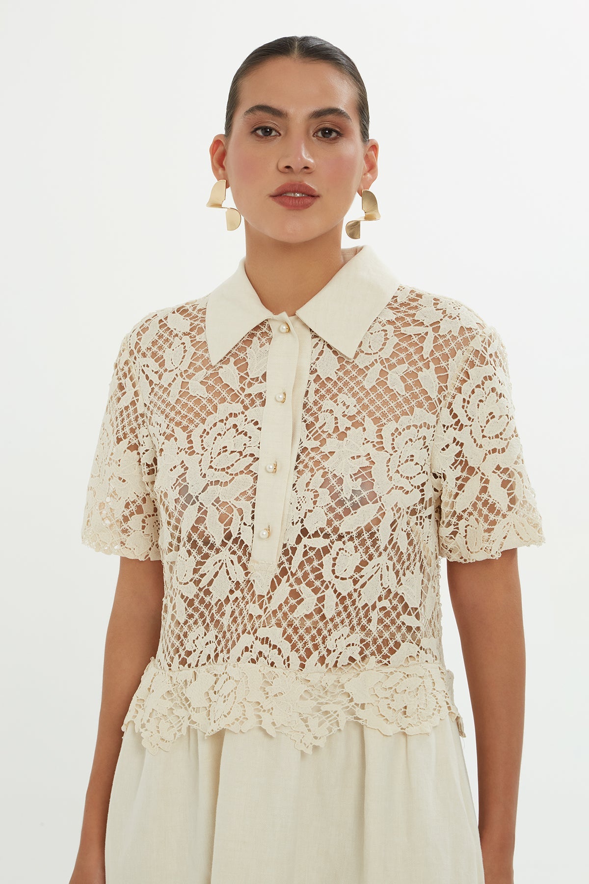 Beige Midi Dress with Lace Detail