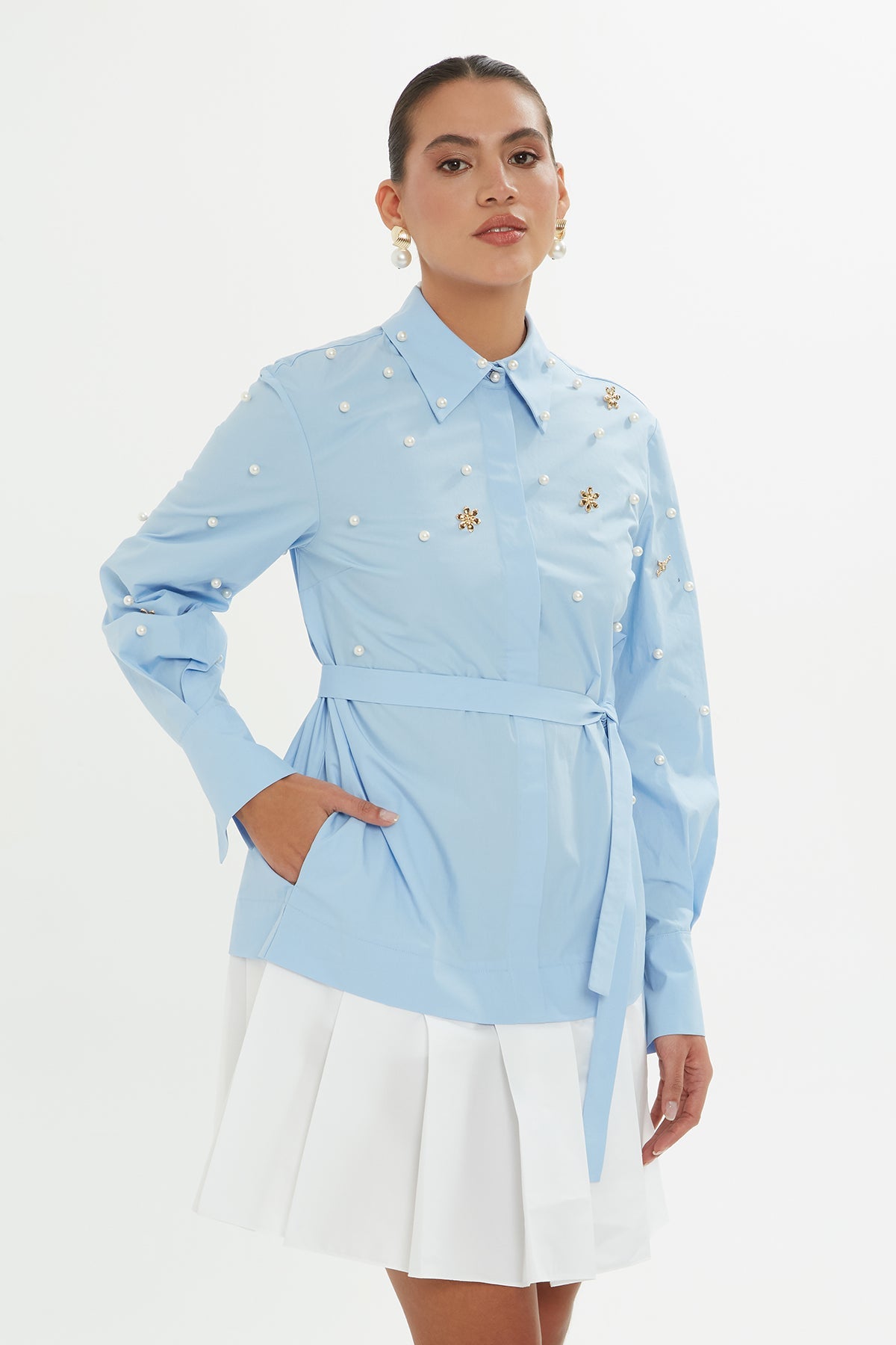 Blue Pleated-Hem Mini Dress