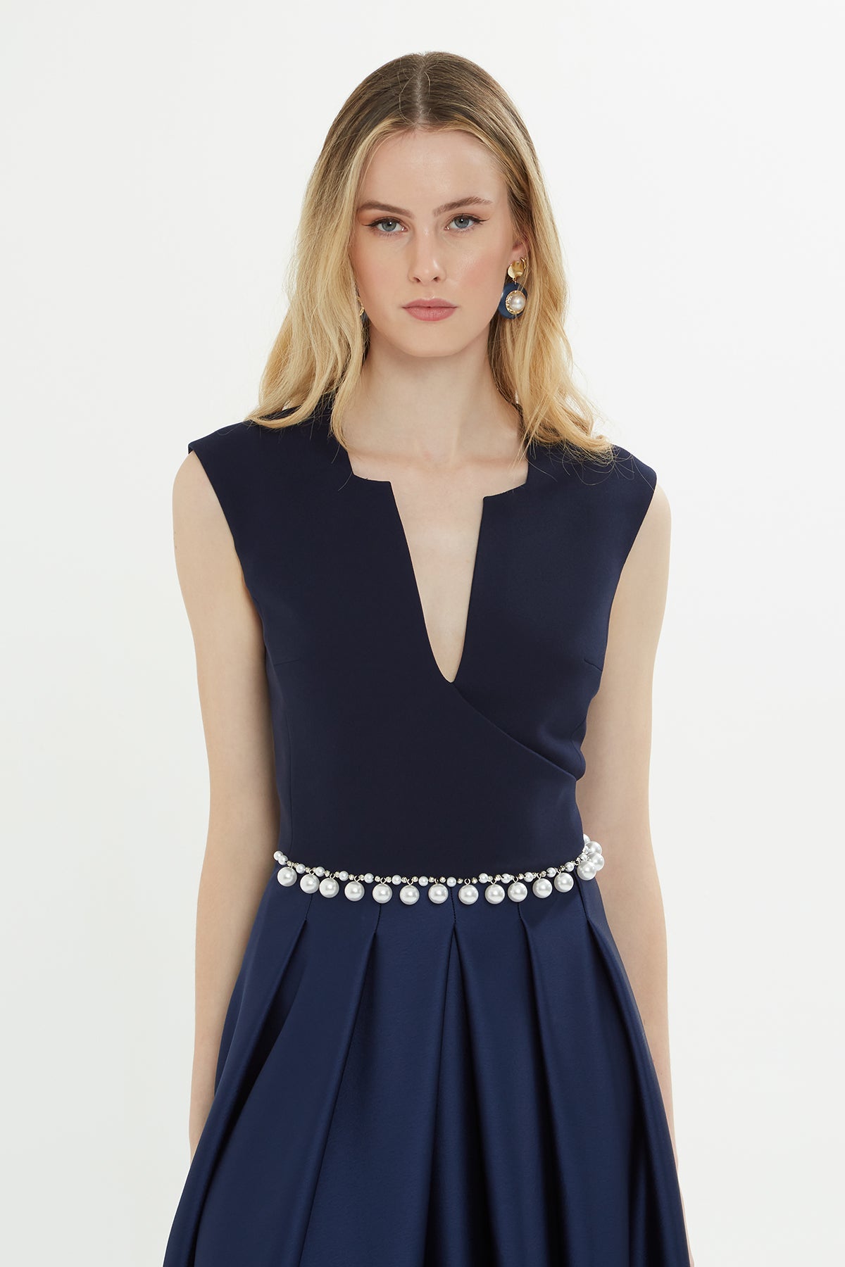 Navy Beaded-Pleat Midi Dress