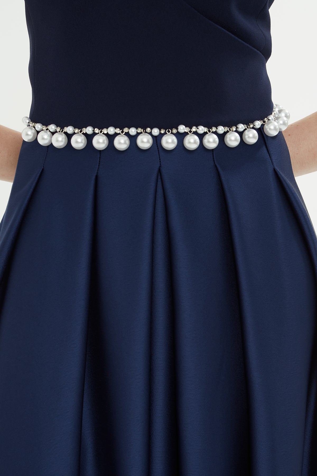 Navy Beaded-Pleat Midi Dress