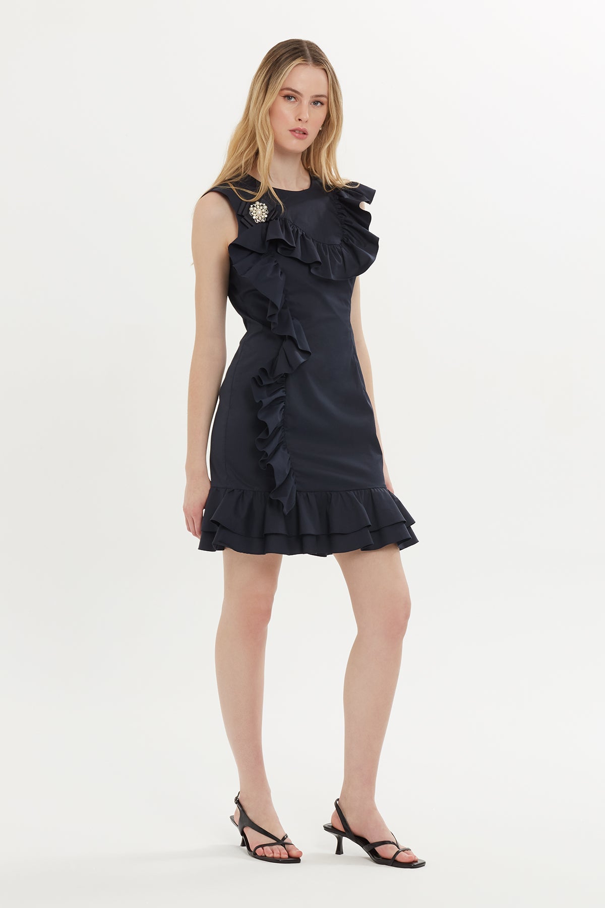 Navy Ruffle-Detail Mini Dress