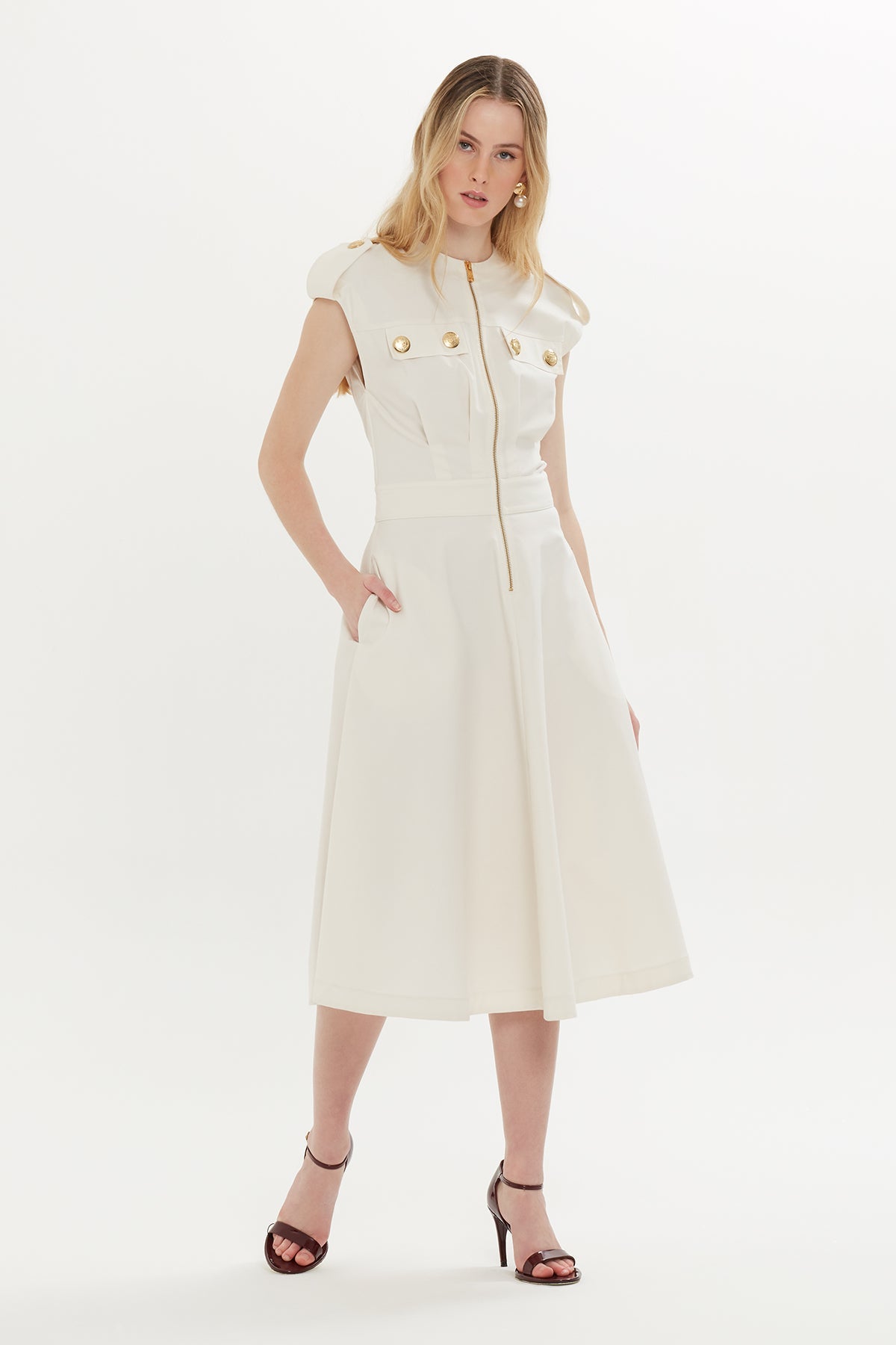 Ecru Midi Dress with Shoulder Epaulets