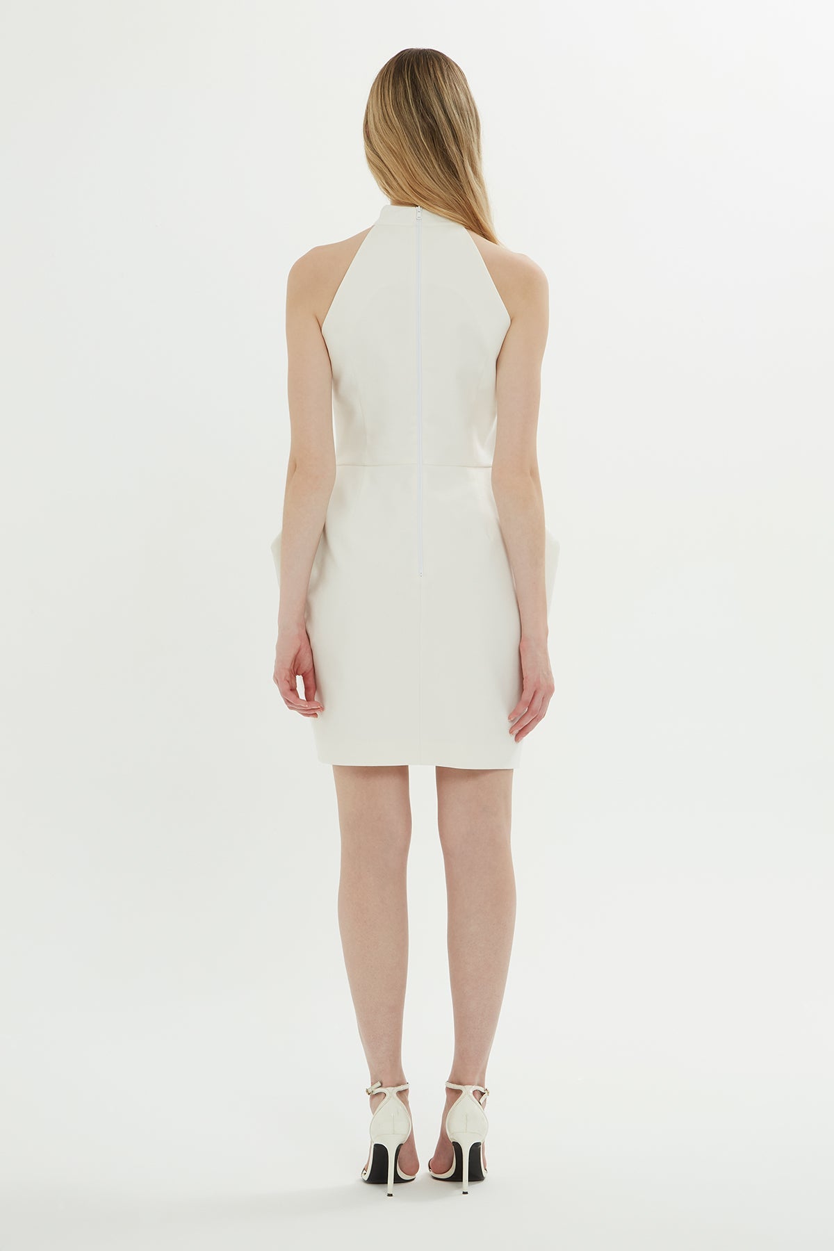 Ecru Fitted High-Neck Mini Dress