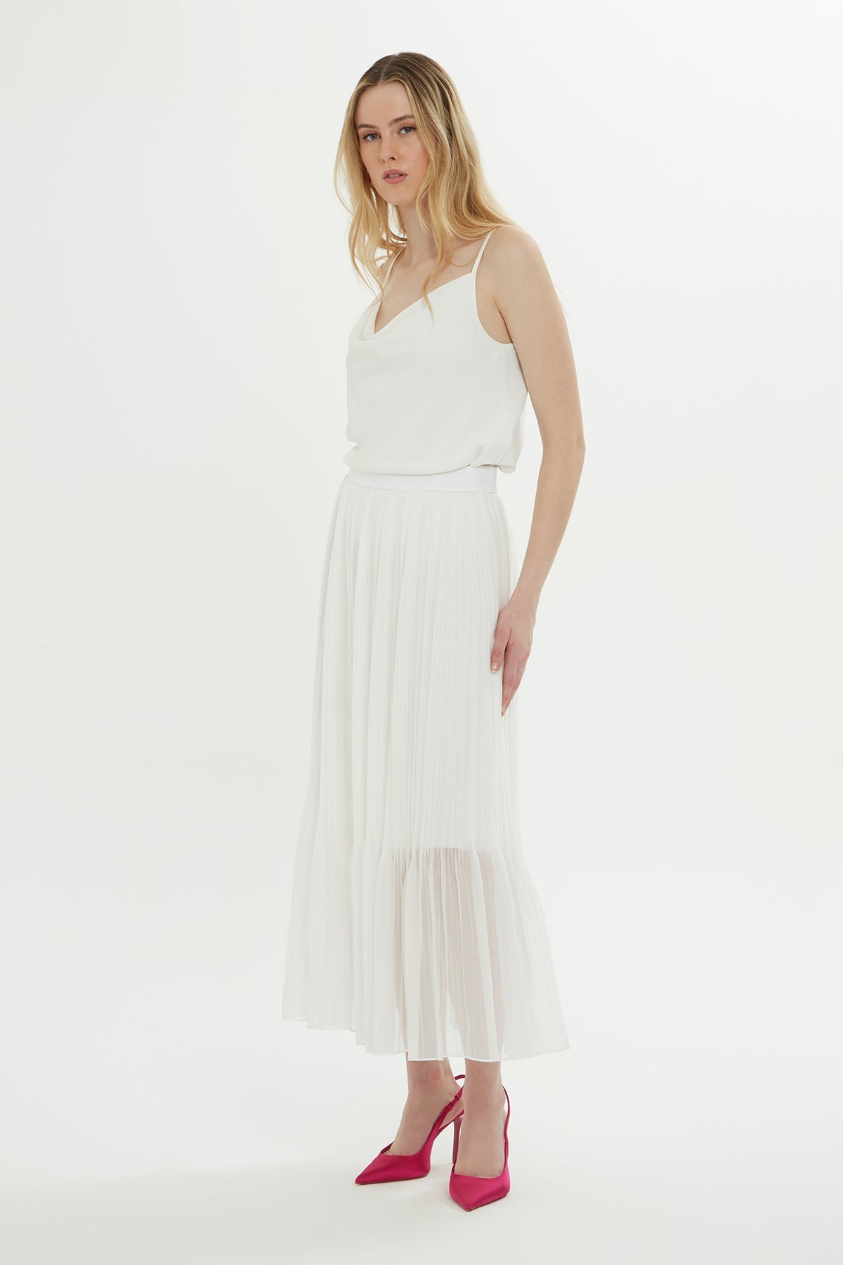 White Tulle-Detail Midi Skirt