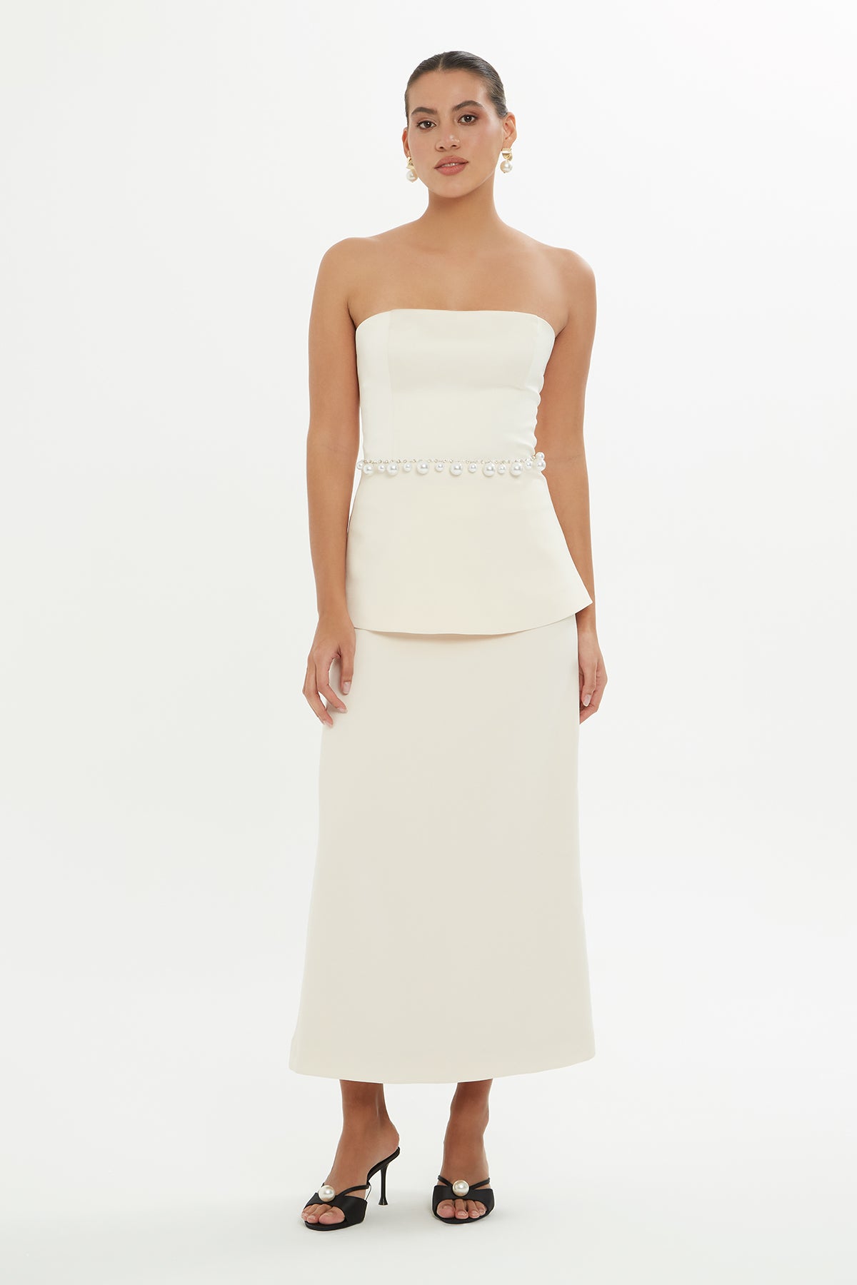 Beige Embroidered Strapless Blouse