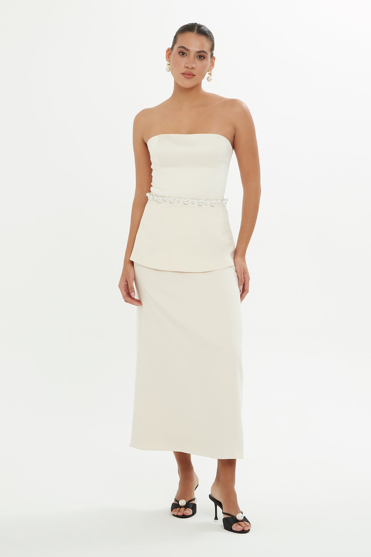 Beige Embroidered Strapless Blouse