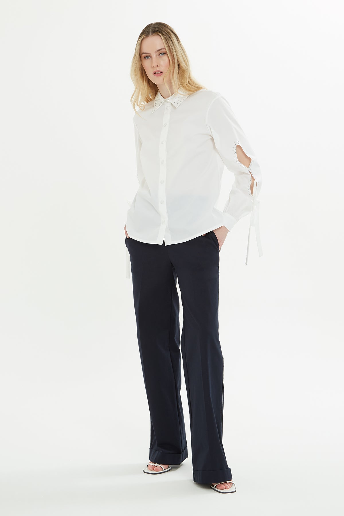 White Sleeve-Detail Shirt