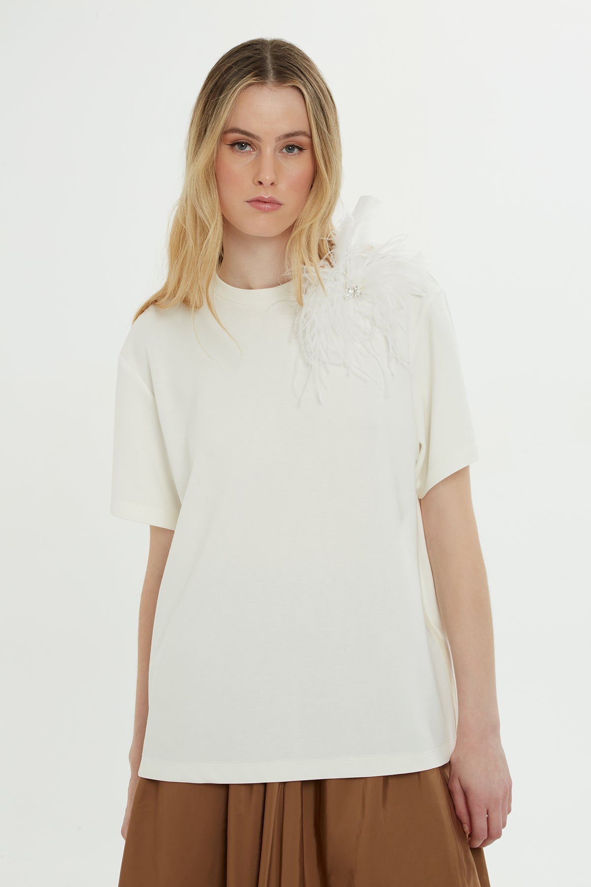 Ecru Feather-Embellished T-Shirt