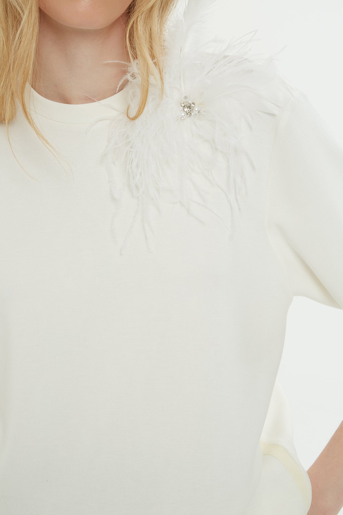 Ecru Feather-Embellished T-Shirt