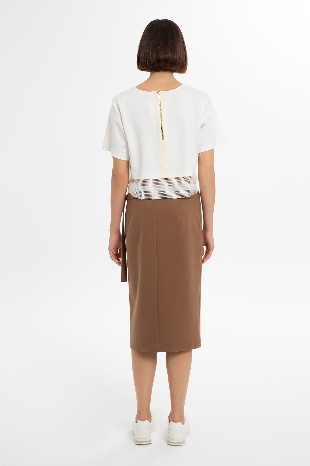 Brown Belted Midi Pencil Skirt