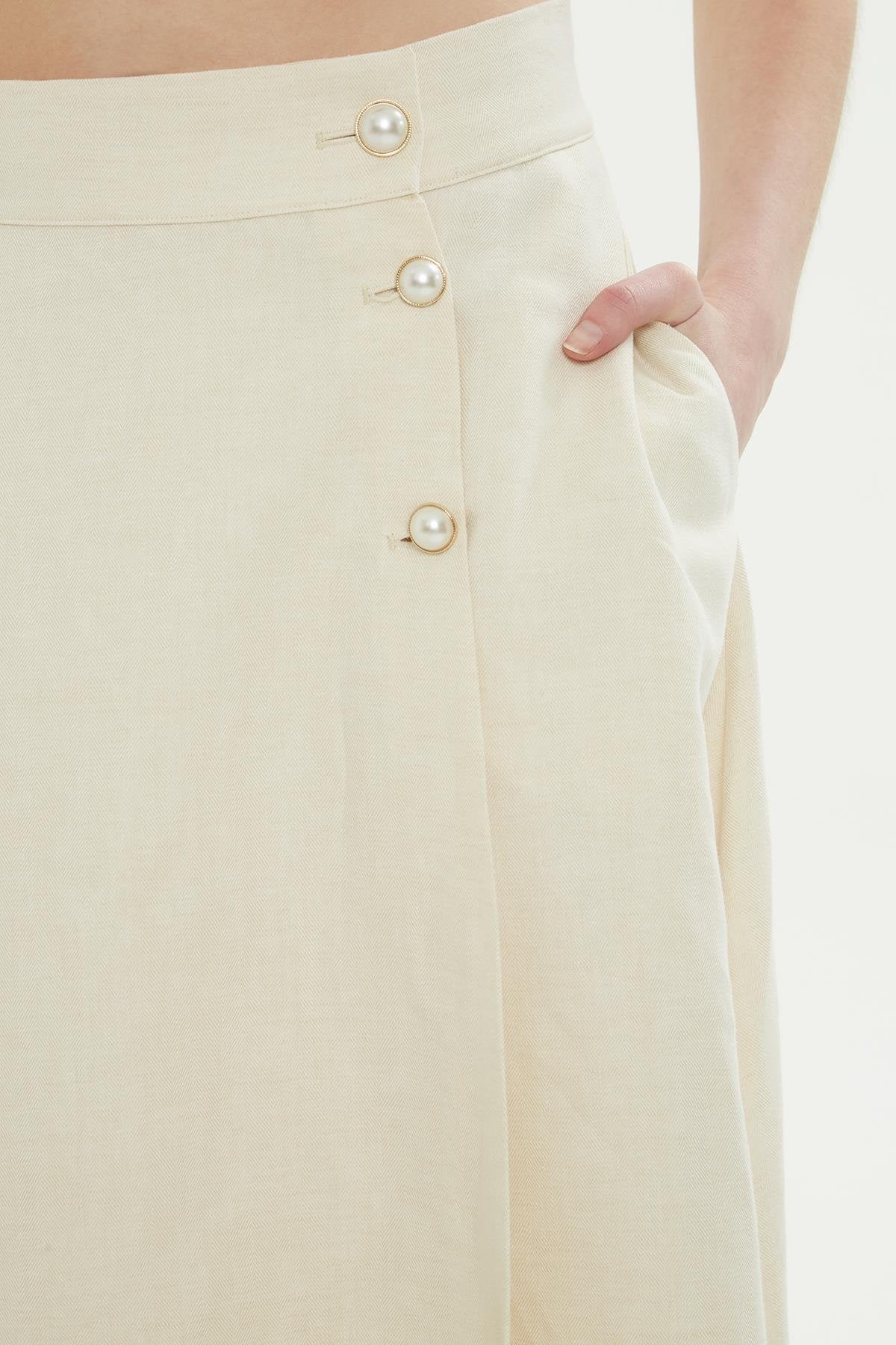 Ecru Linen-Blend Midi Skirt