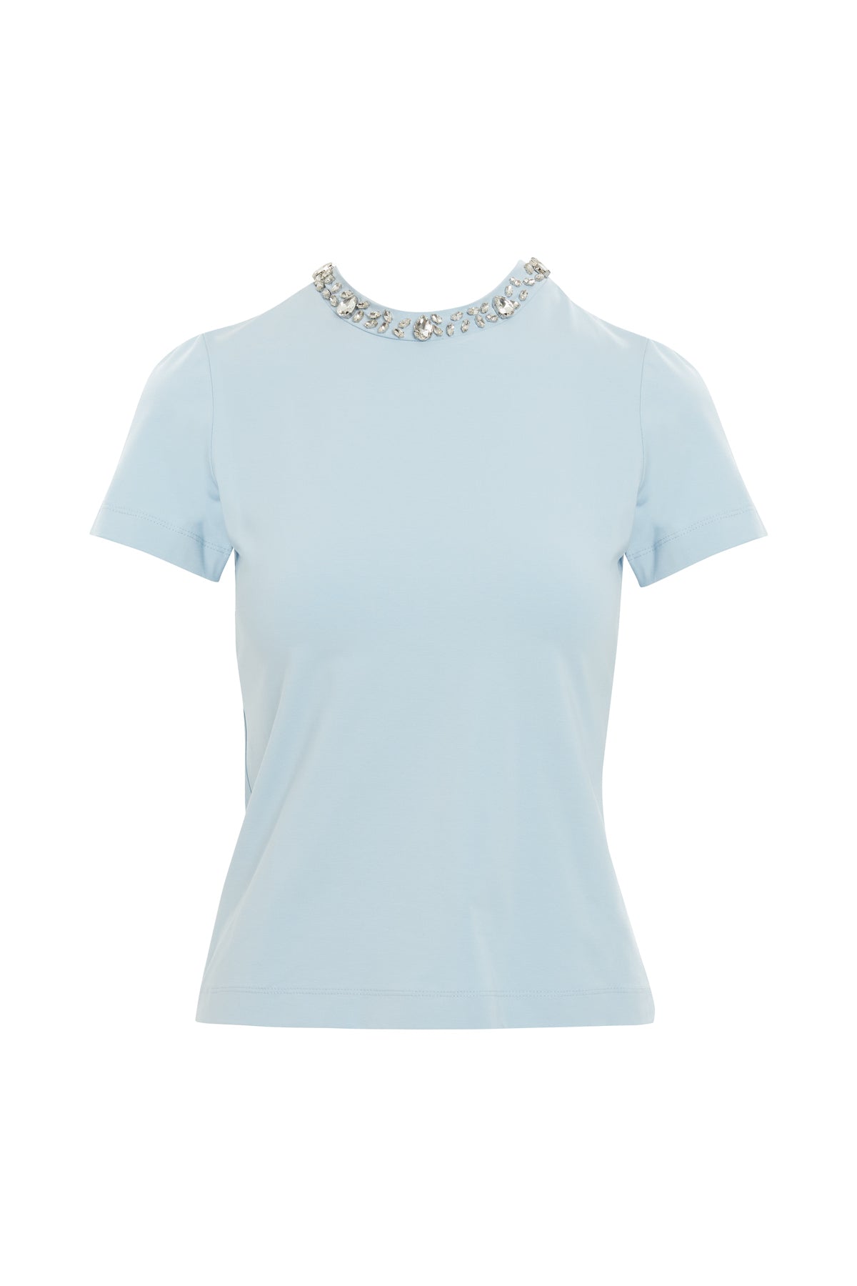 Blue T-Shirt with Stone-Embellished Collar
