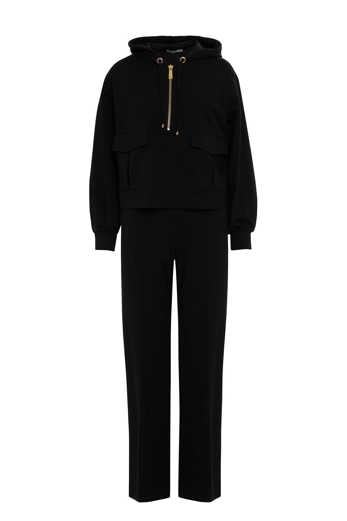Black Hooded Cargo-Pocket Tracksuit