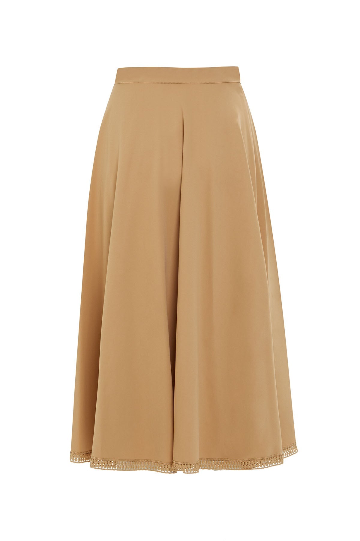 Beige Lace-Hem Midi Skirt