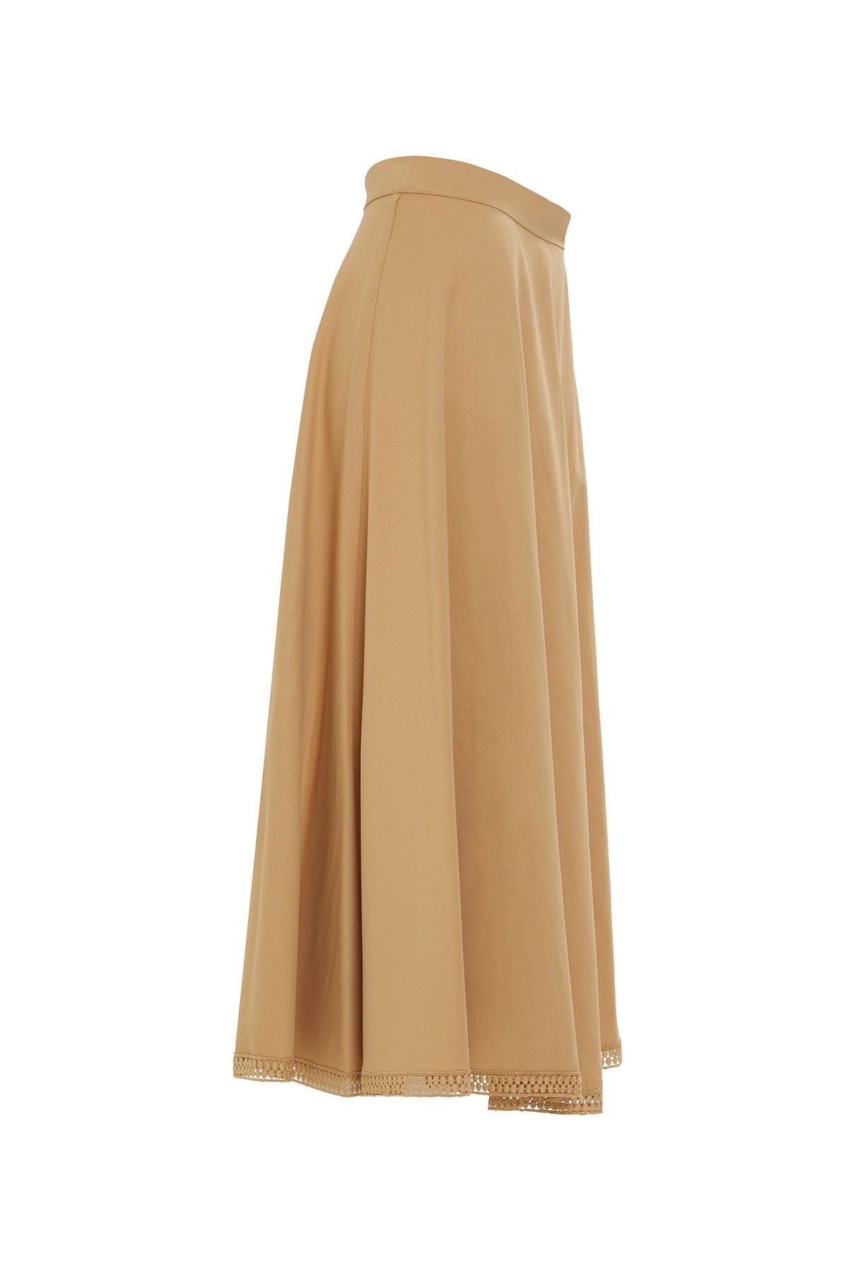 Beige Lace-Hem Midi Skirt