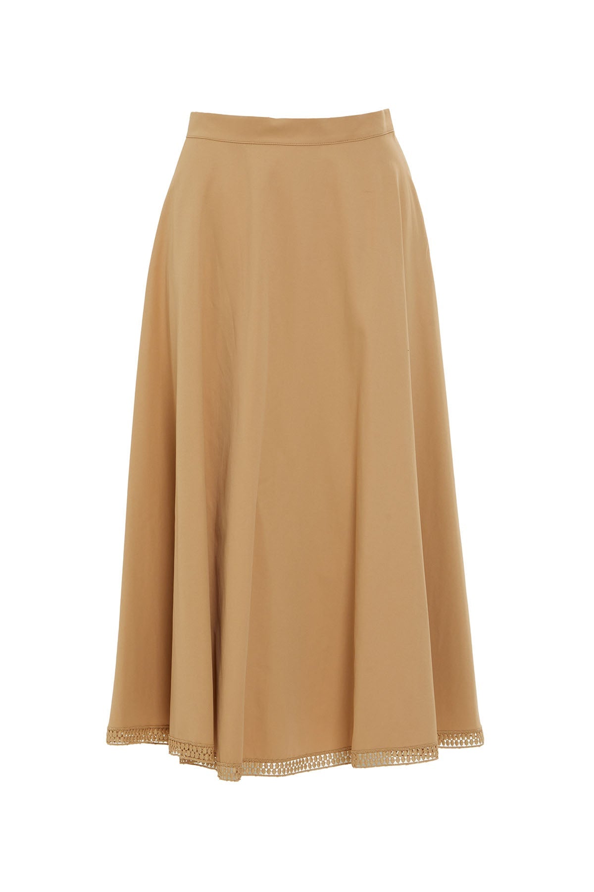 Beige Lace-Hem Midi Skirt