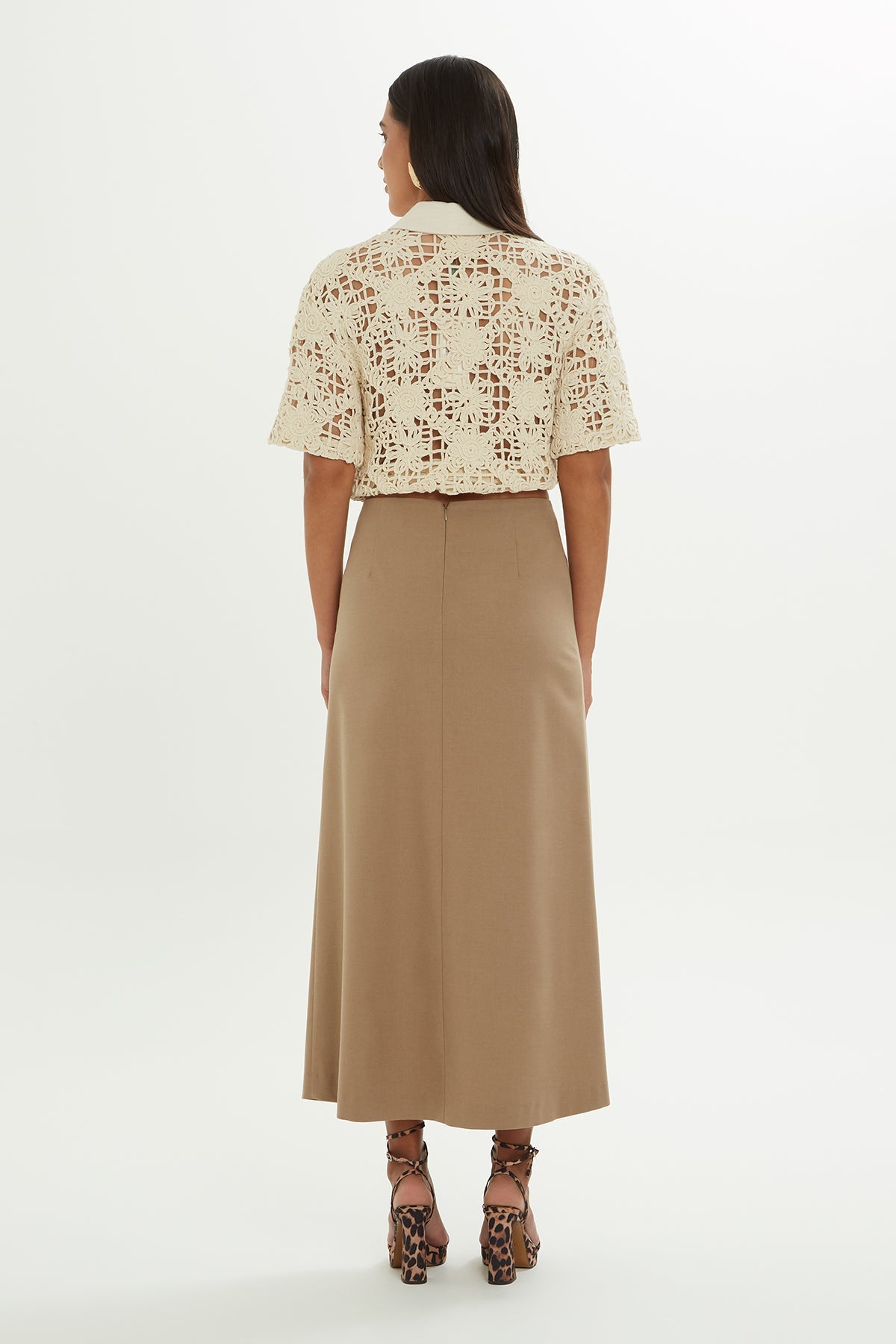 Beige High-Waist Midi Skirt