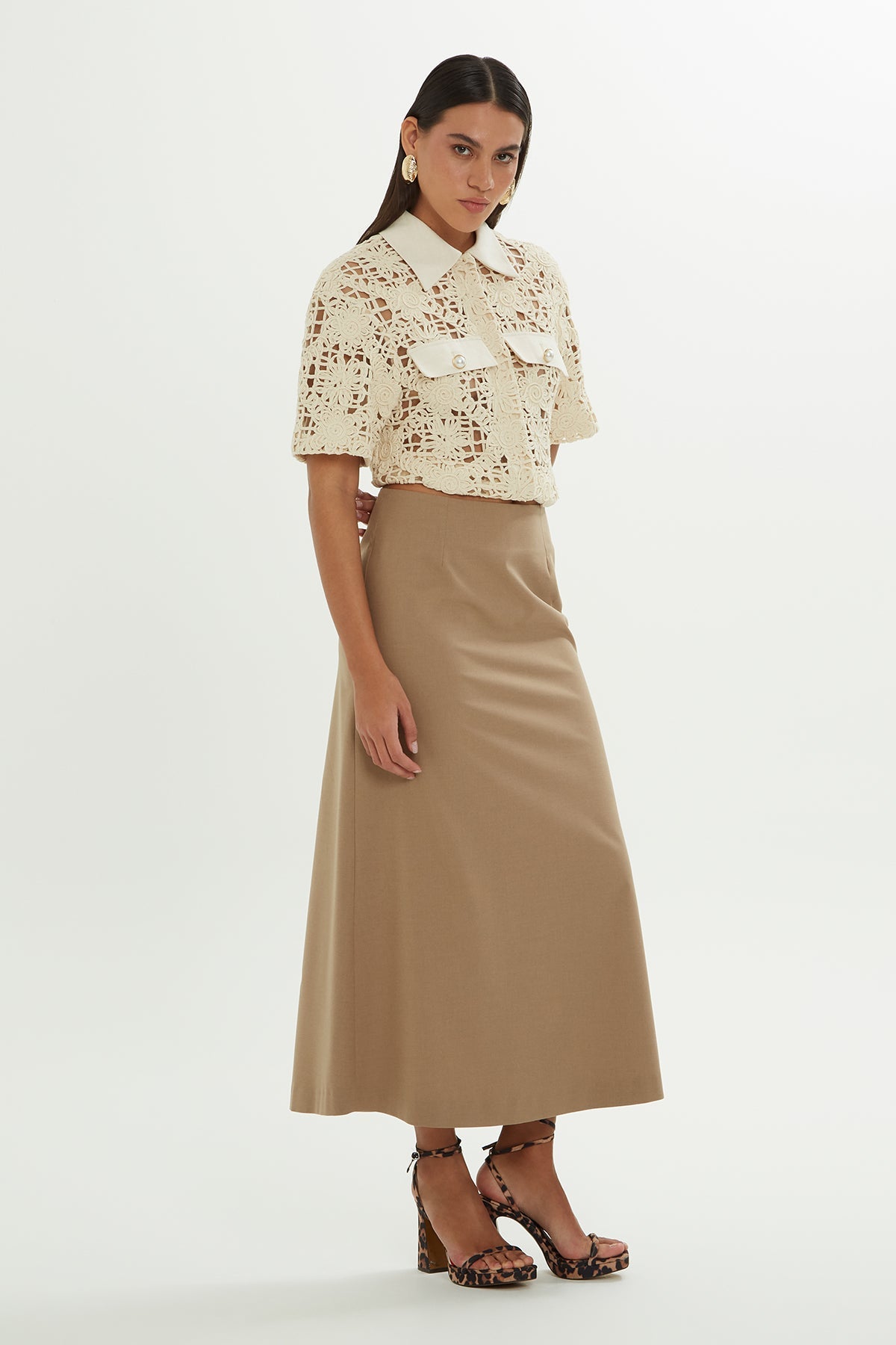 Beige High-Waist Midi Skirt