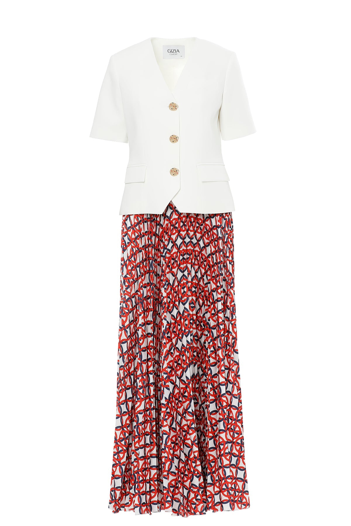 White Suit with Pleated Skirt Detail