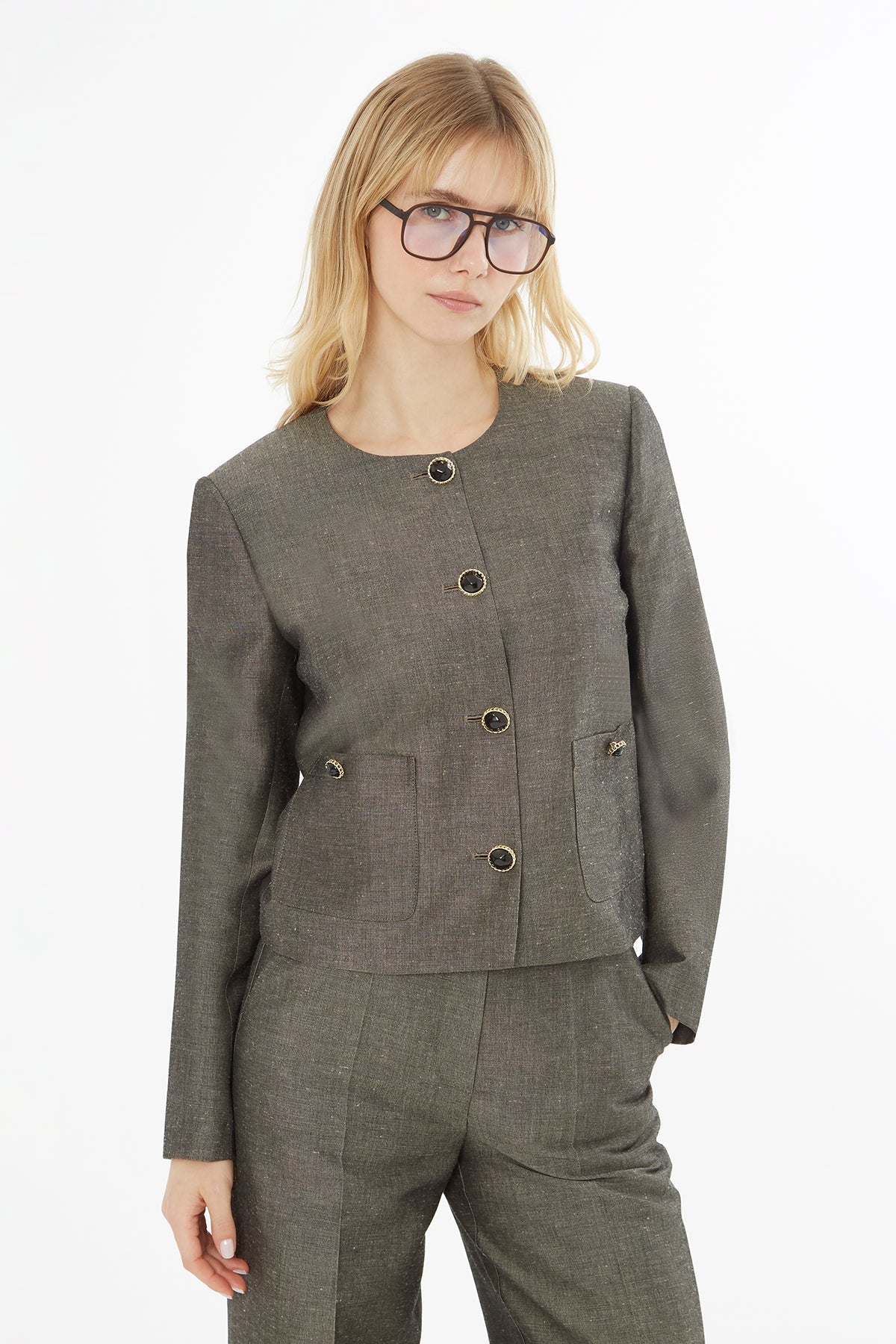 Gray Suit Jacket with Chain Collar